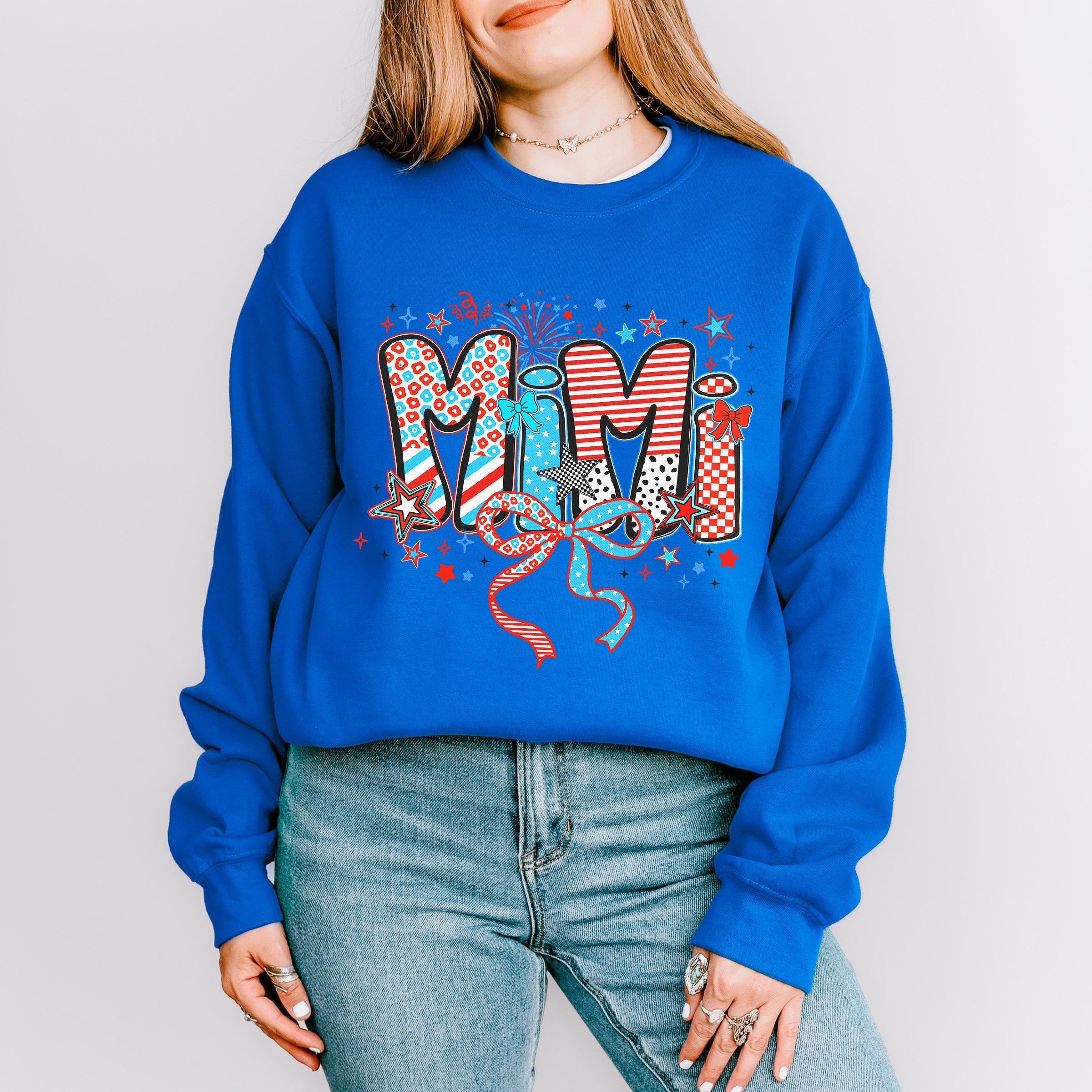 Mimi Ribbons, Stars And Fireworks - 4th Of July Unisex Crewneck T-Shirt Sweatshirt Hoodie