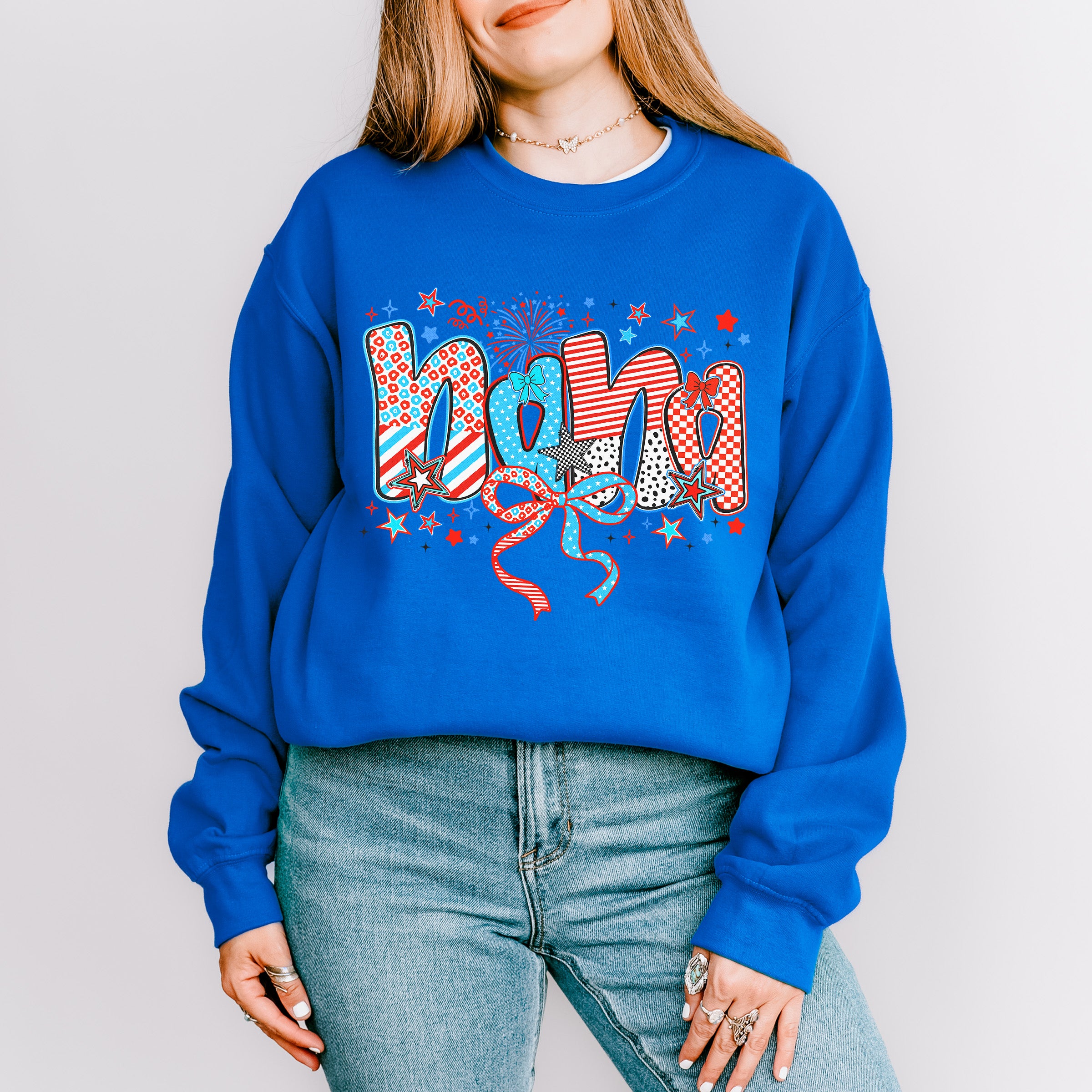Nana Ribbons, Stars And Firework - 4th Of July Unisex Crewneck T-Shirt Sweatshirt Hoodie