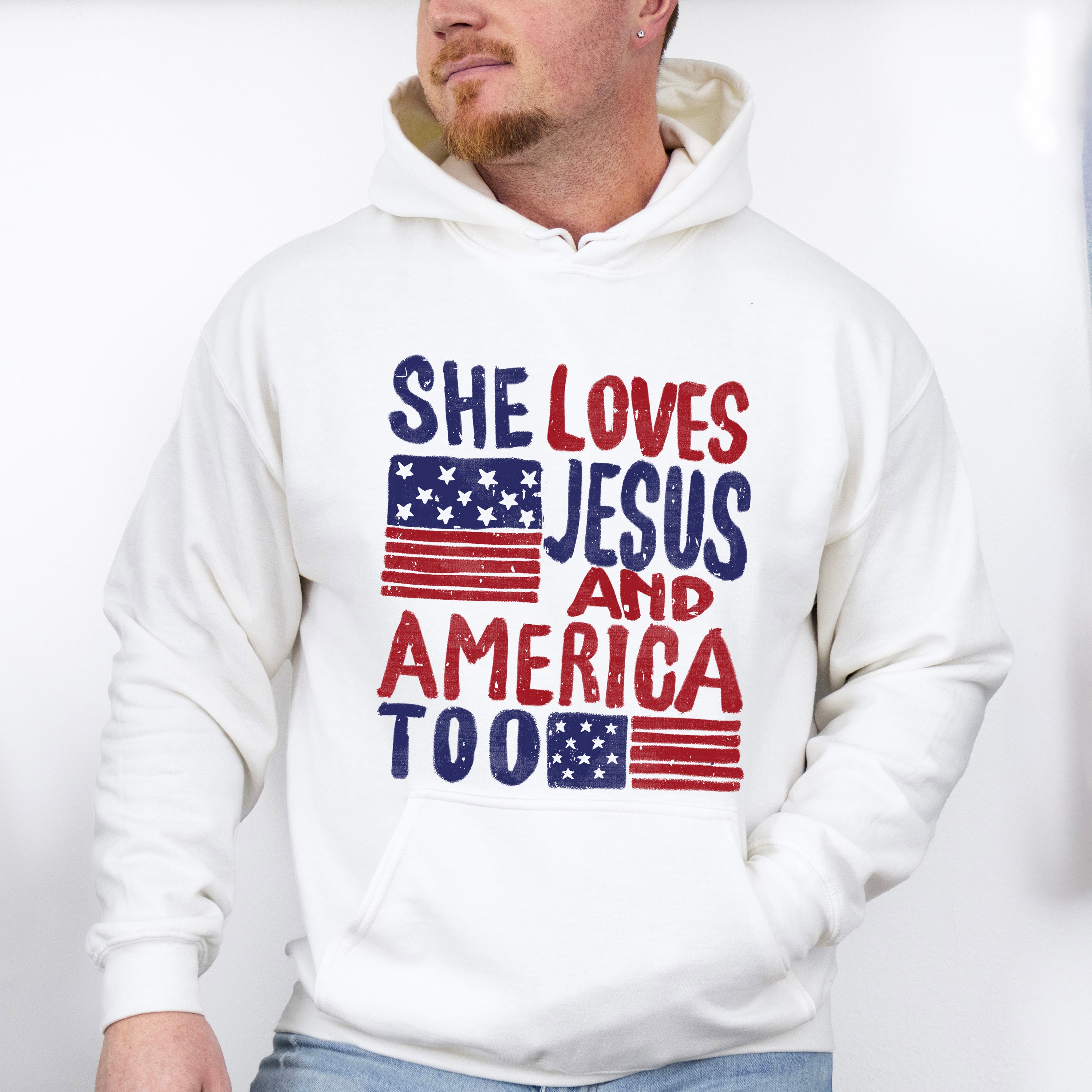 She Loves Jesus And America Too Red &amp; Blue - 4th Of July Unisex Crewneck T-Shirt Sweatshirt Hoodie