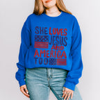 She Loves Jesus And America Too Red & Blue - 4th Of July Unisex Crewneck T-Shirt Sweatshirt Hoodie