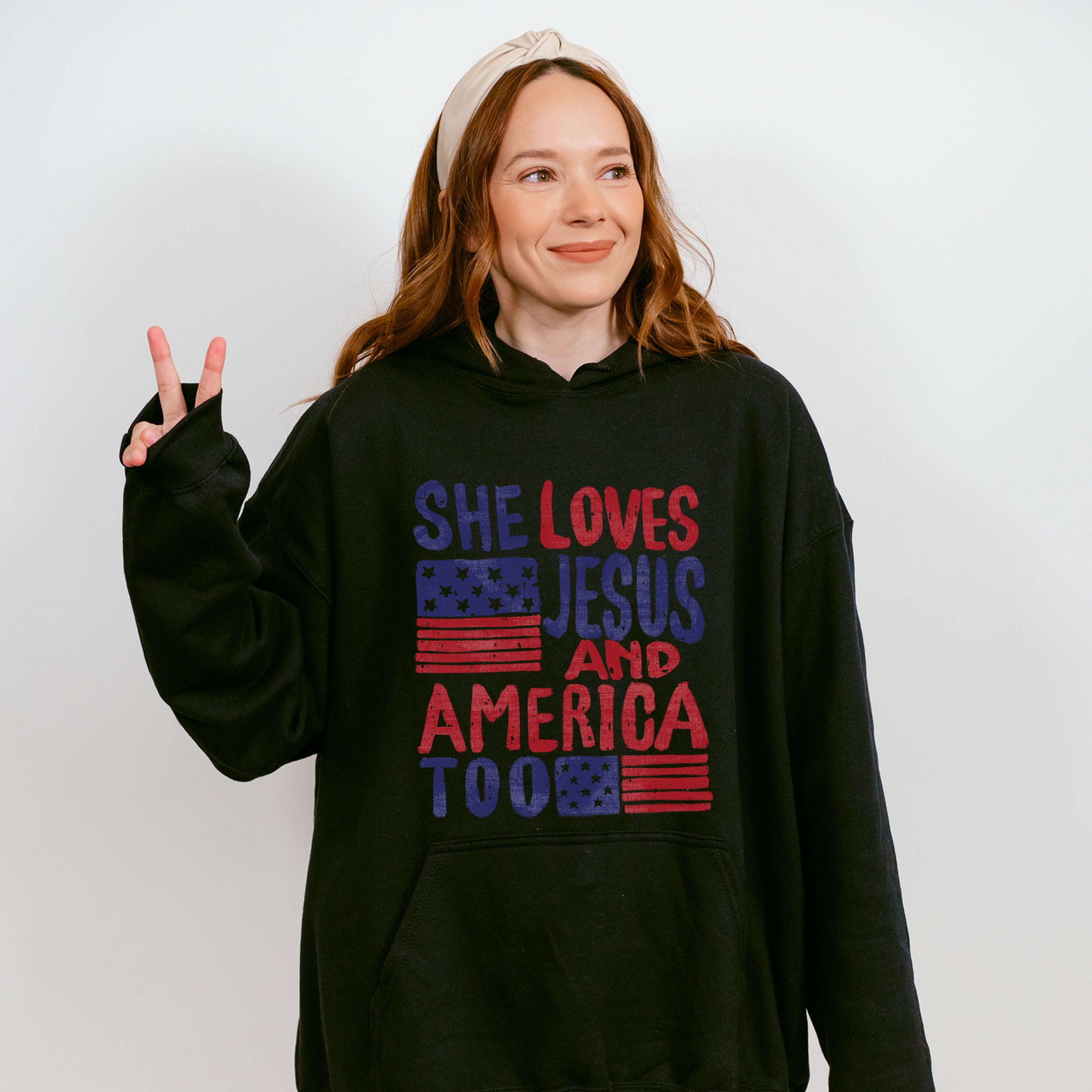 She Loves Jesus And America Too Red &amp; Blue - 4th Of July Unisex Crewneck T-Shirt Sweatshirt Hoodie