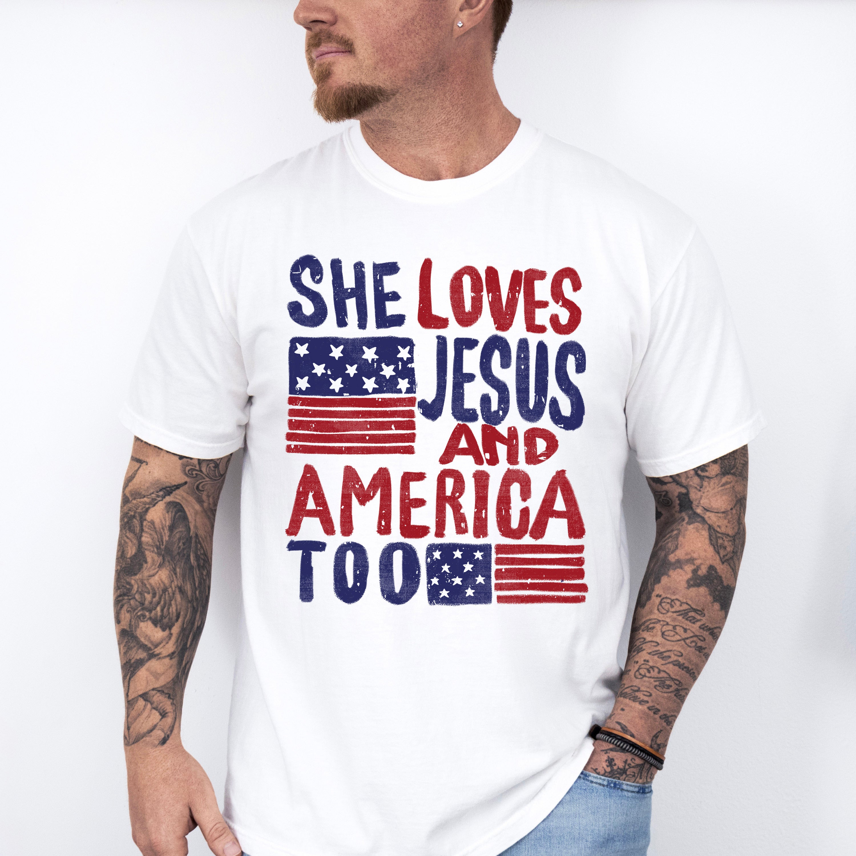 She Loves Jesus And America Too Red &amp; Blue - 4th Of July Unisex Crewneck T-Shirt Sweatshirt Hoodie