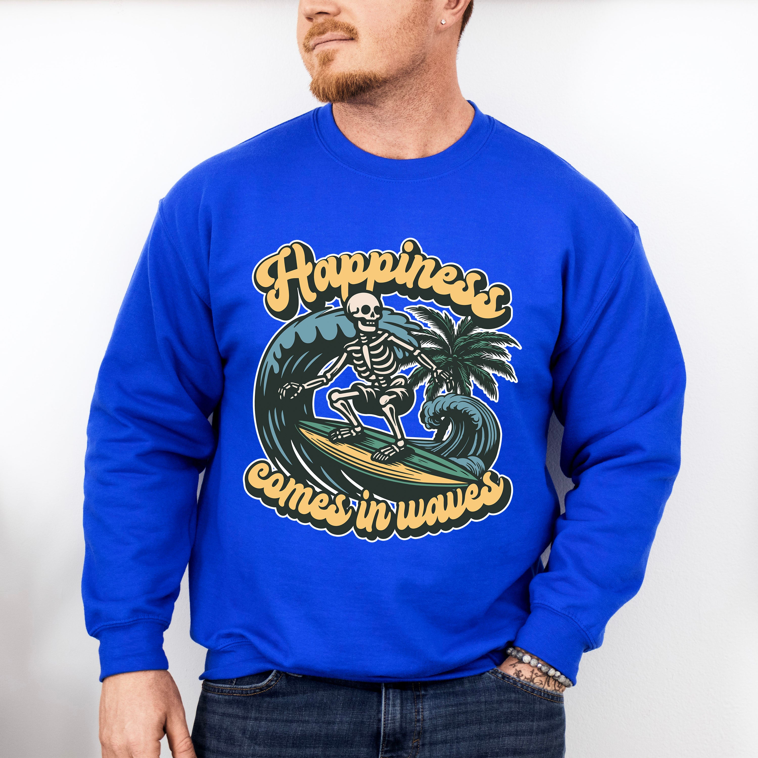 Happiness Comes In Waves Design - Surfing Theme Unisex Crewneck T-Shirt Sweatshirt Hoodie