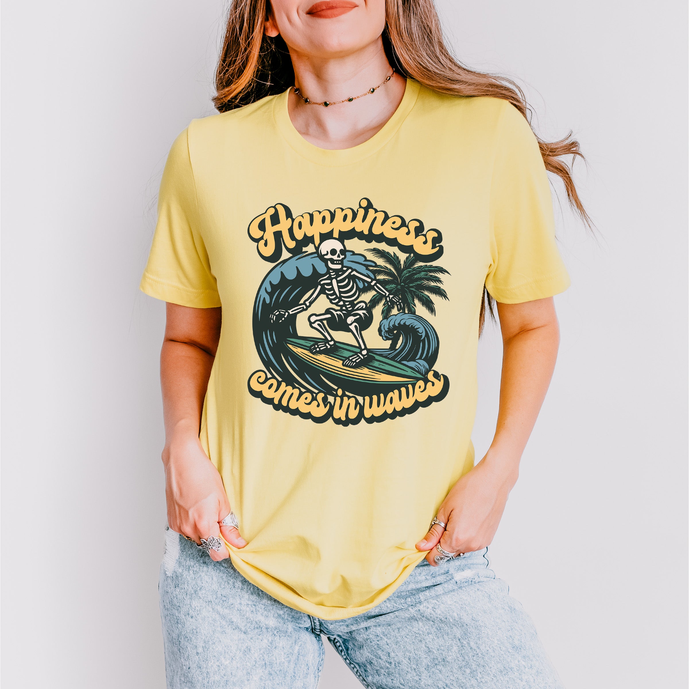 Happiness Comes In Waves Design - Surfing Theme Unisex Crewneck T-Shirt Sweatshirt Hoodie