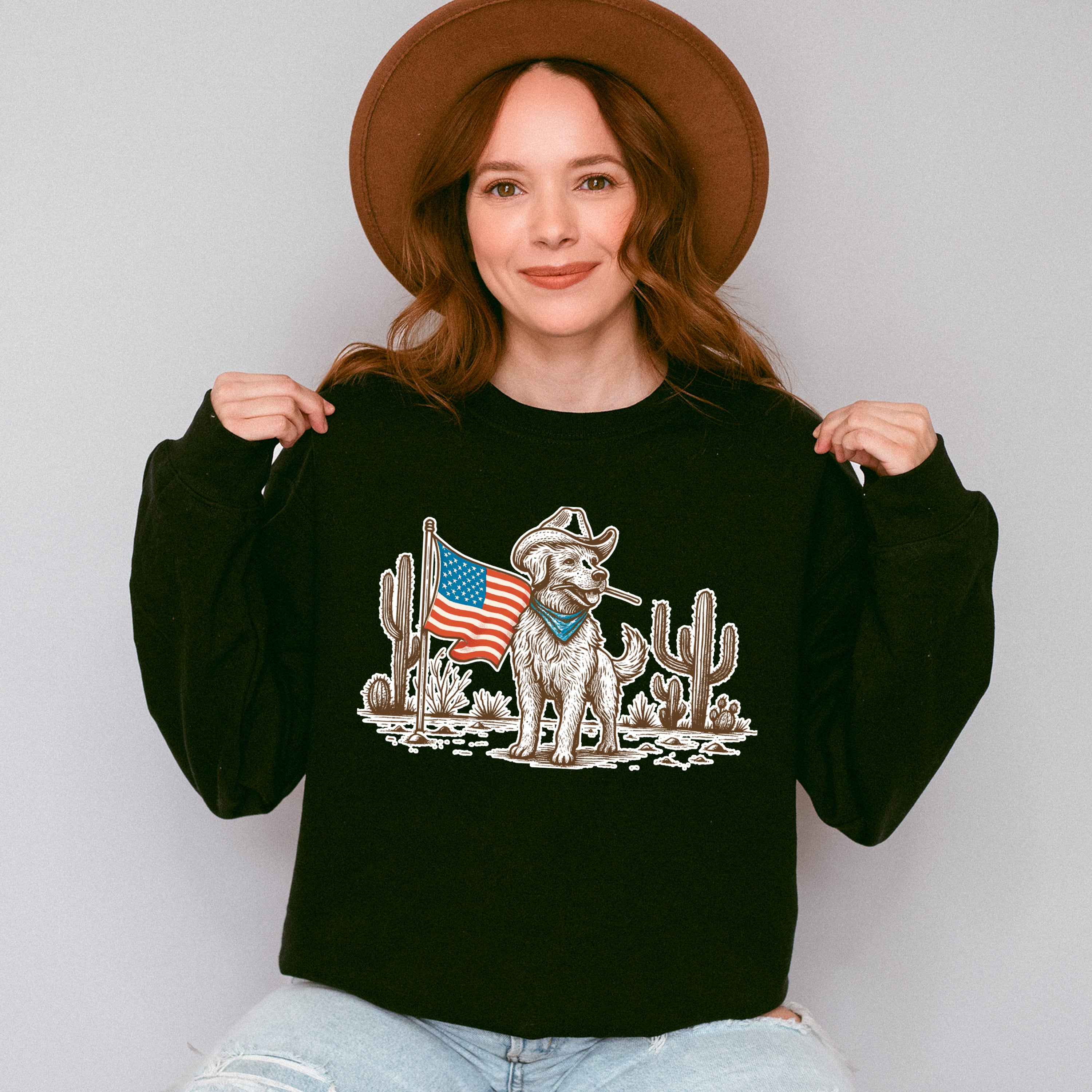 Cowboy Dog US Flag - 4th Of July Unisex Crewneck T-Shirt Sweatshirt Hoodie