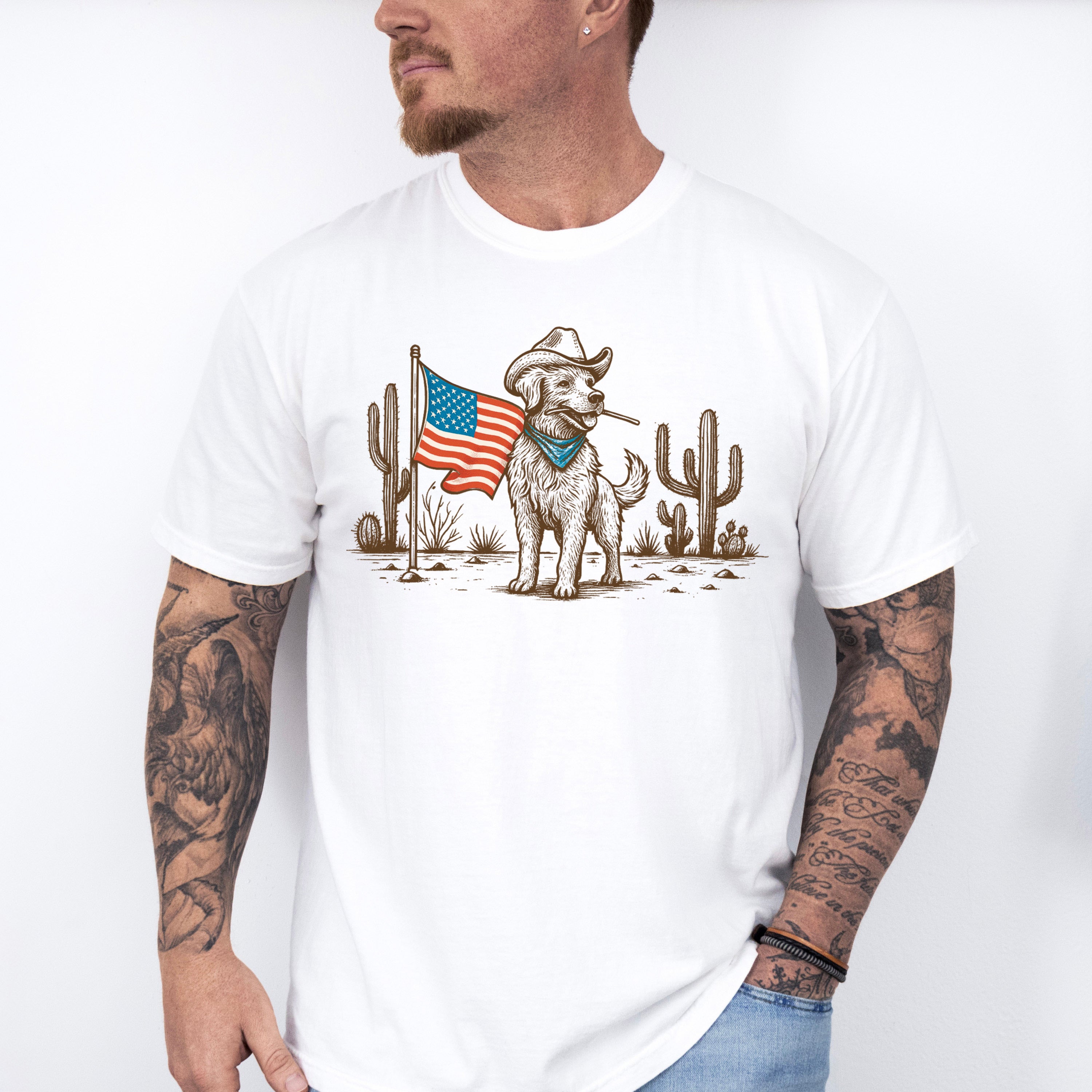 Cowboy Dog US Flag - 4th Of July Unisex Crewneck T-Shirt Sweatshirt Hoodie