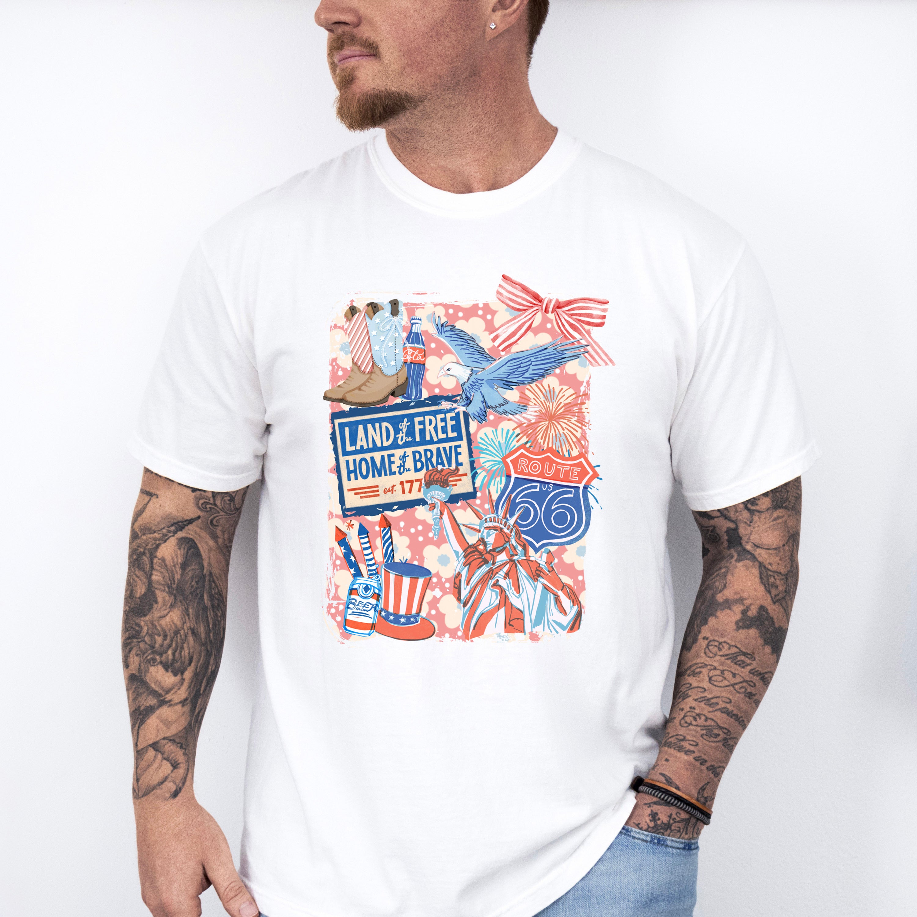 Land Of The Free Home Of The Brave Pink Design - 4th Of July Unisex Crewneck T-Shirt Sweatshirt Hoodie