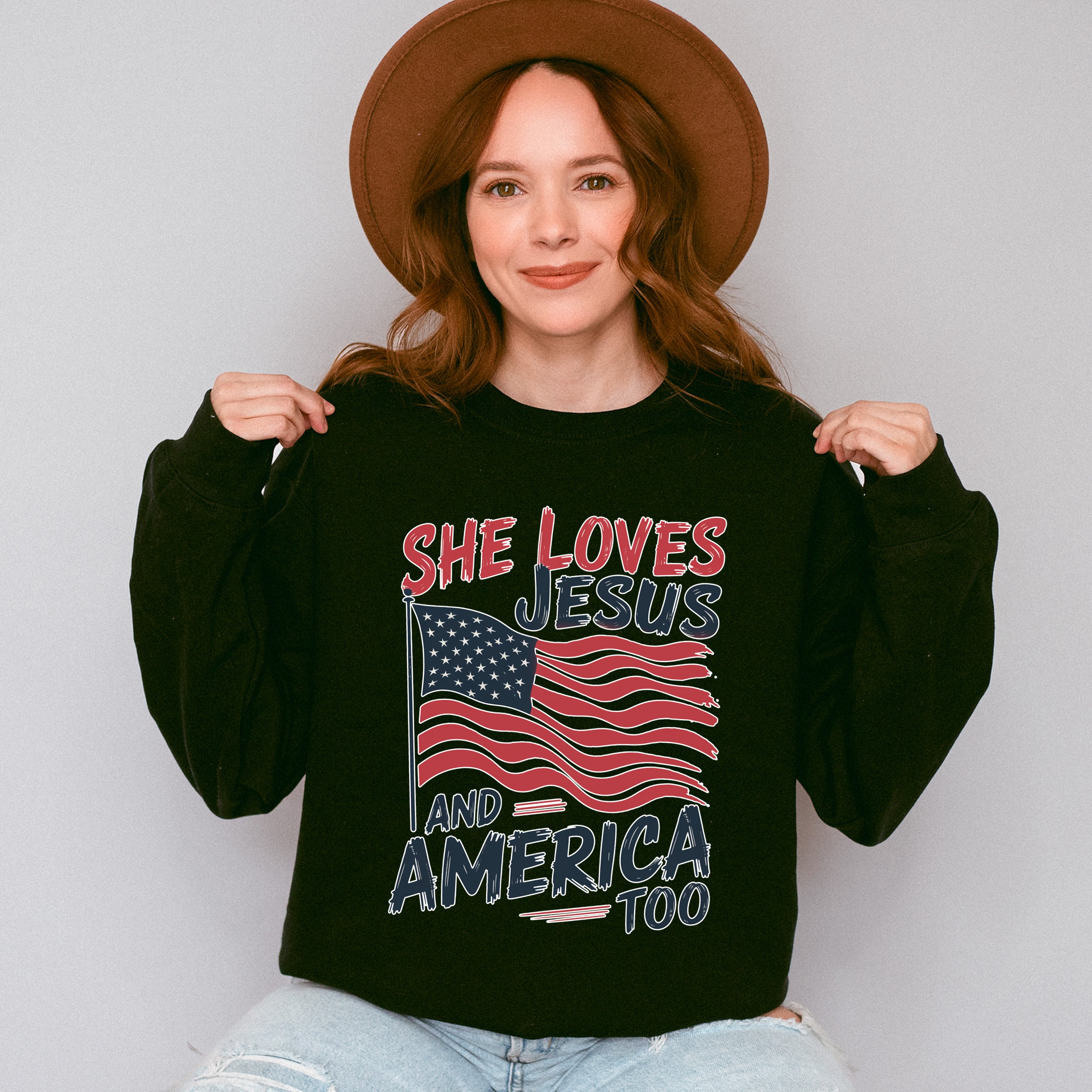 She Loves Jesus And America Too US Flag - 4th Of July Unisex Crewneck T-Shirt Sweatshirt Hoodie