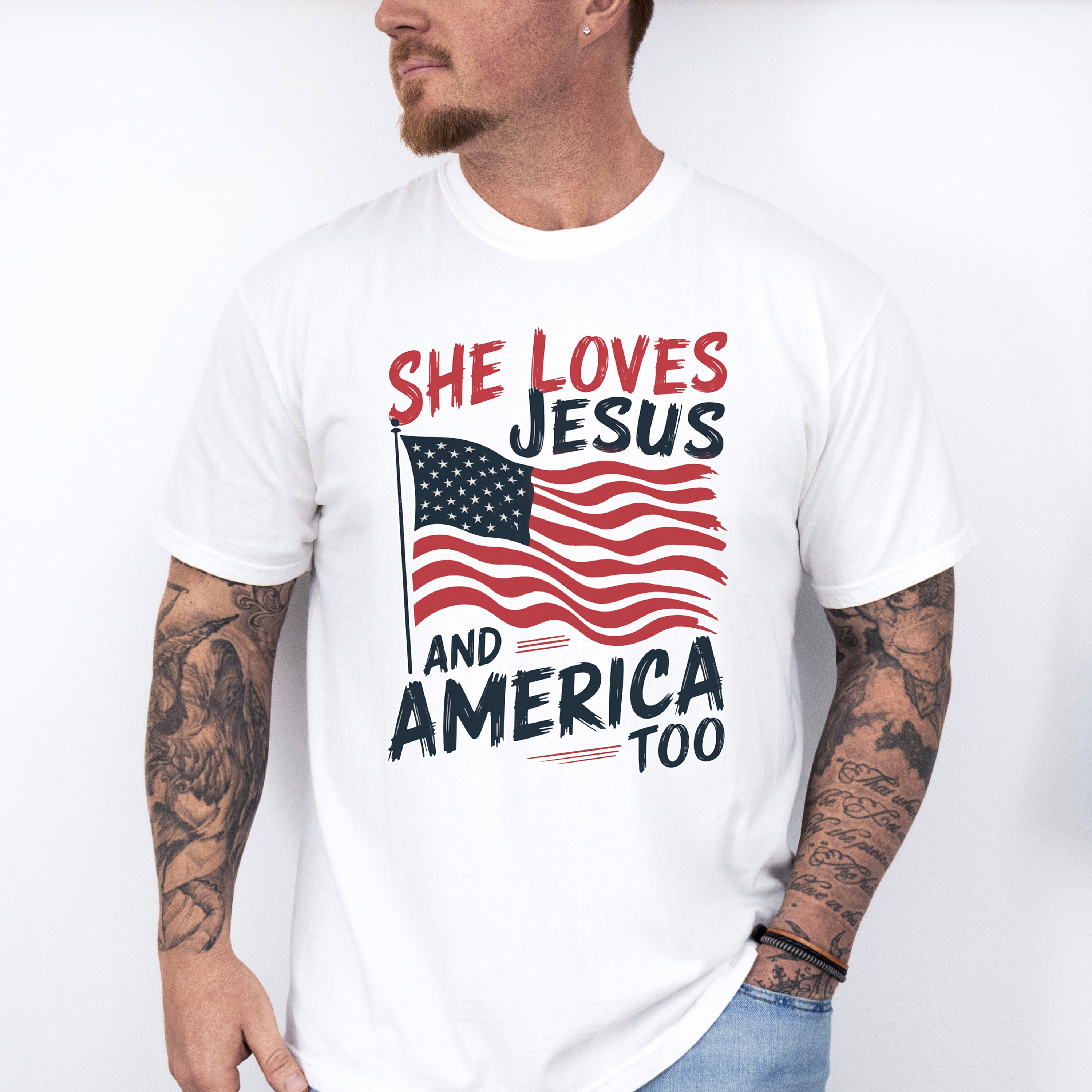 She Loves Jesus And America Too US Flag - 4th Of July Unisex Crewneck T-Shirt Sweatshirt Hoodie