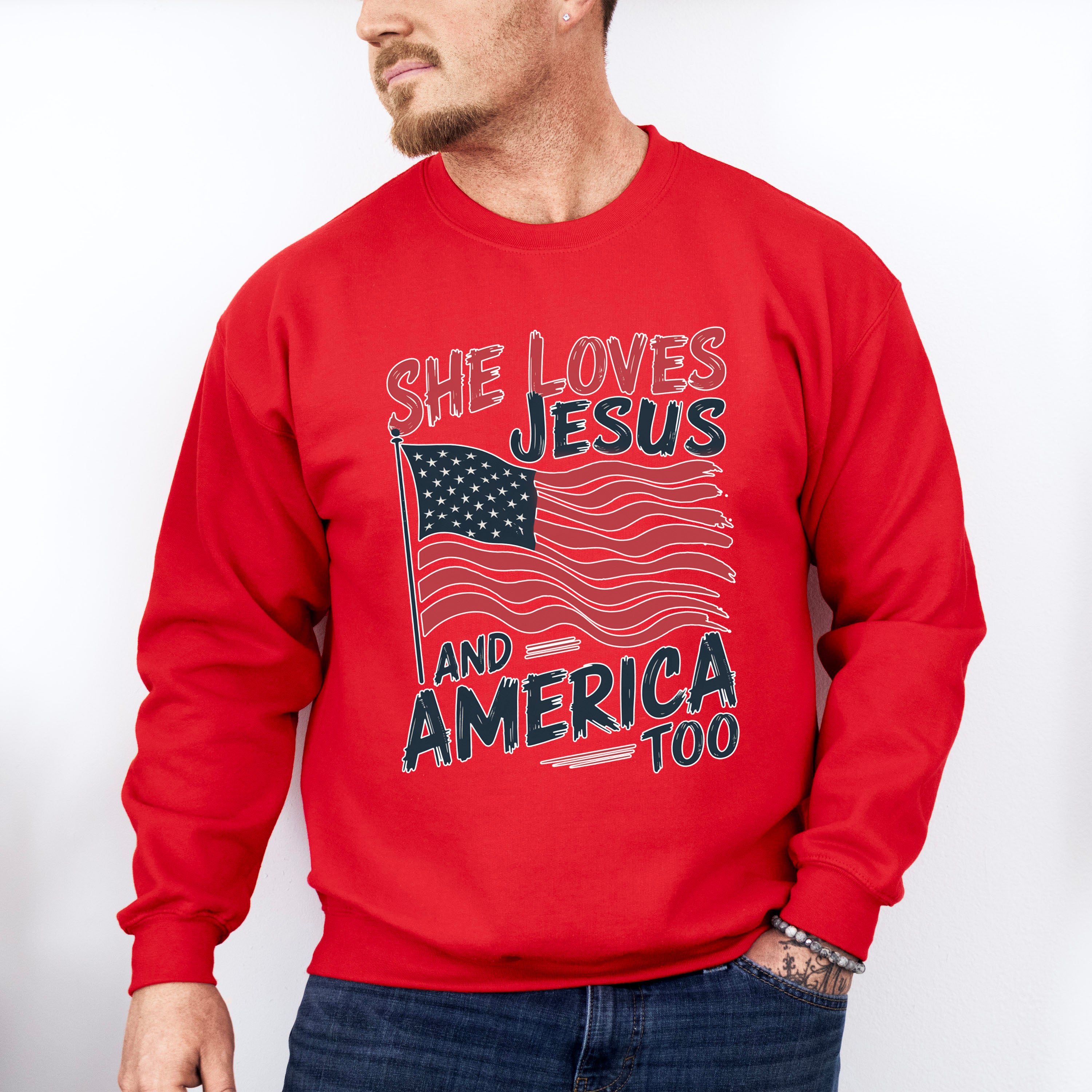 She Loves Jesus And America Too US Flag - 4th Of July Unisex Crewneck T-Shirt Sweatshirt Hoodie
