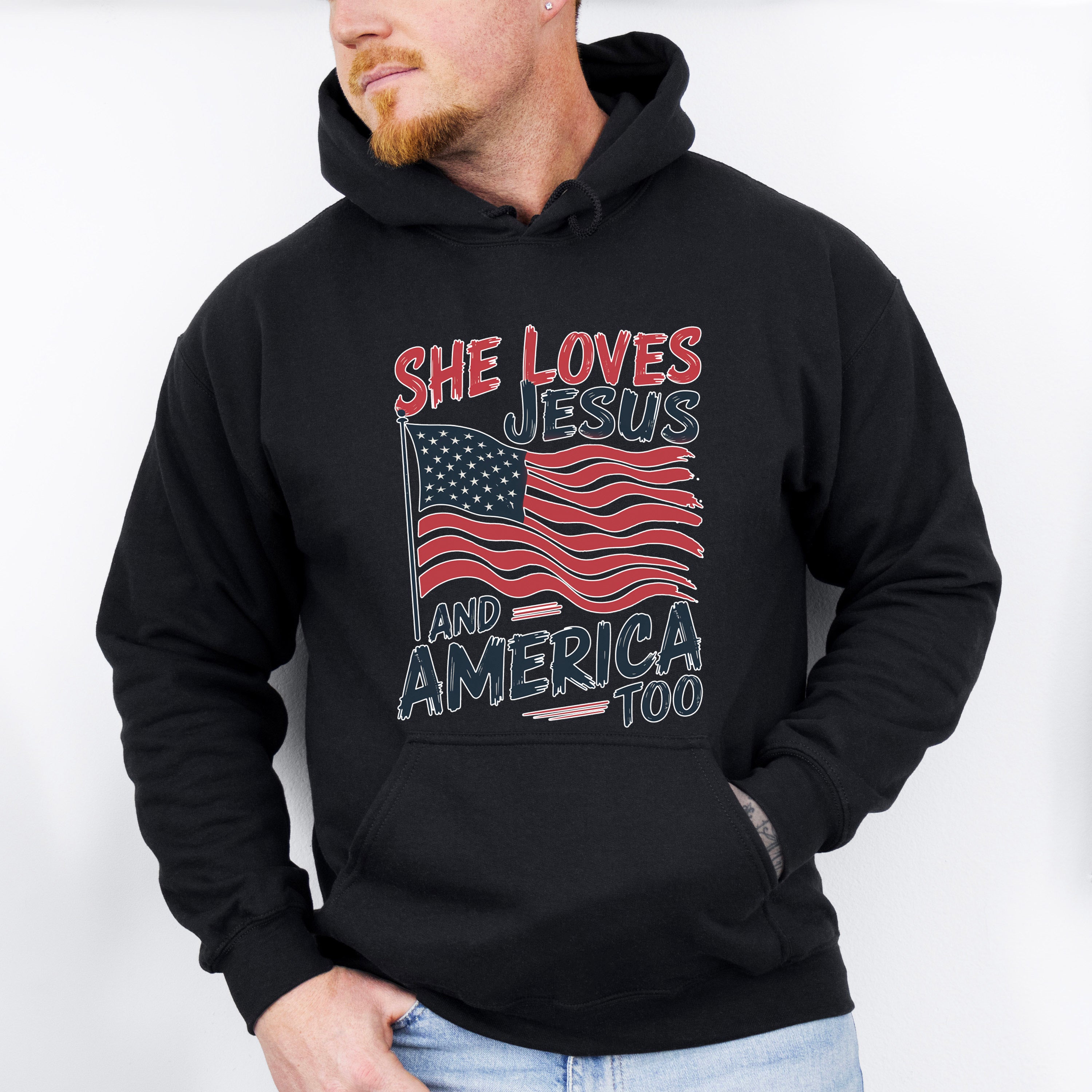 She Loves Jesus And America Too US Flag - 4th Of July Unisex Crewneck T-Shirt Sweatshirt Hoodie