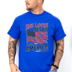 She Loves Jesus And America Too US Flag - 4th Of July Unisex Crewneck T-Shirt Sweatshirt Hoodie