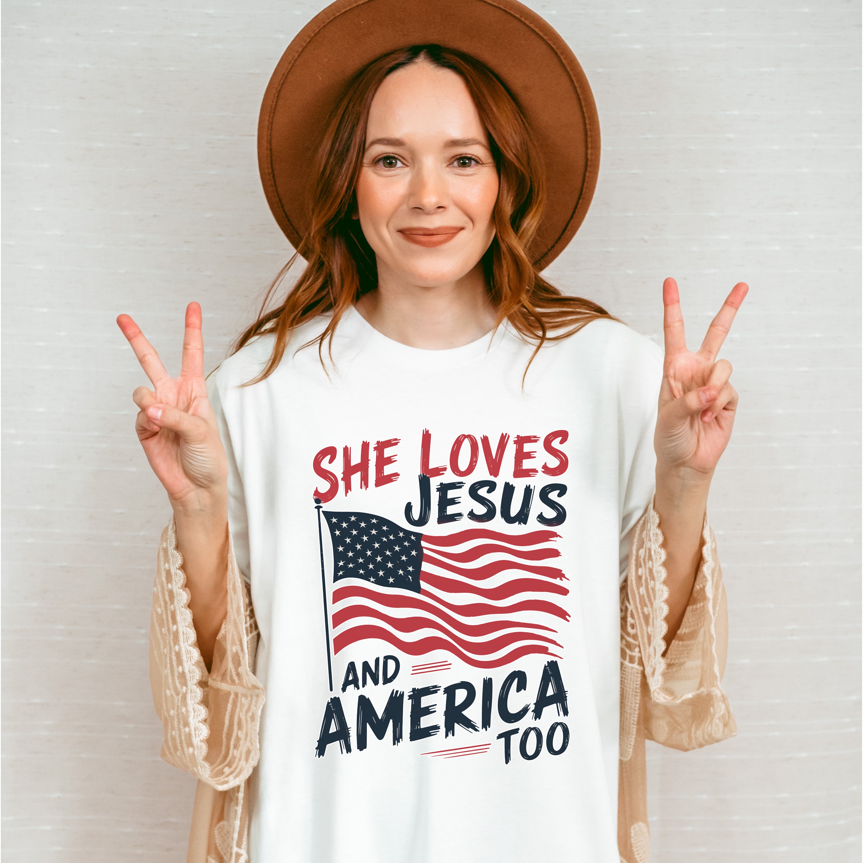She Loves Jesus And America Too US Flag - 4th Of July Unisex Crewneck T-Shirt Sweatshirt Hoodie