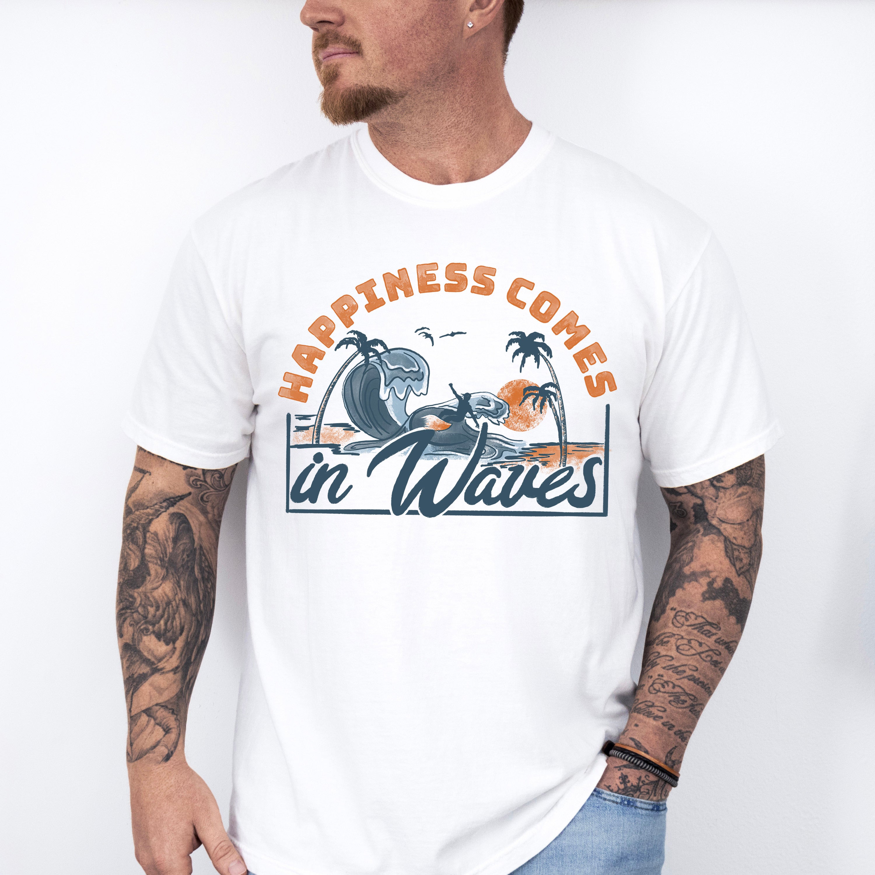 Happiness Comes In Waves Design - Surfing Theme Unisex Crewneck T-Shirt Sweatshirt Hoodie