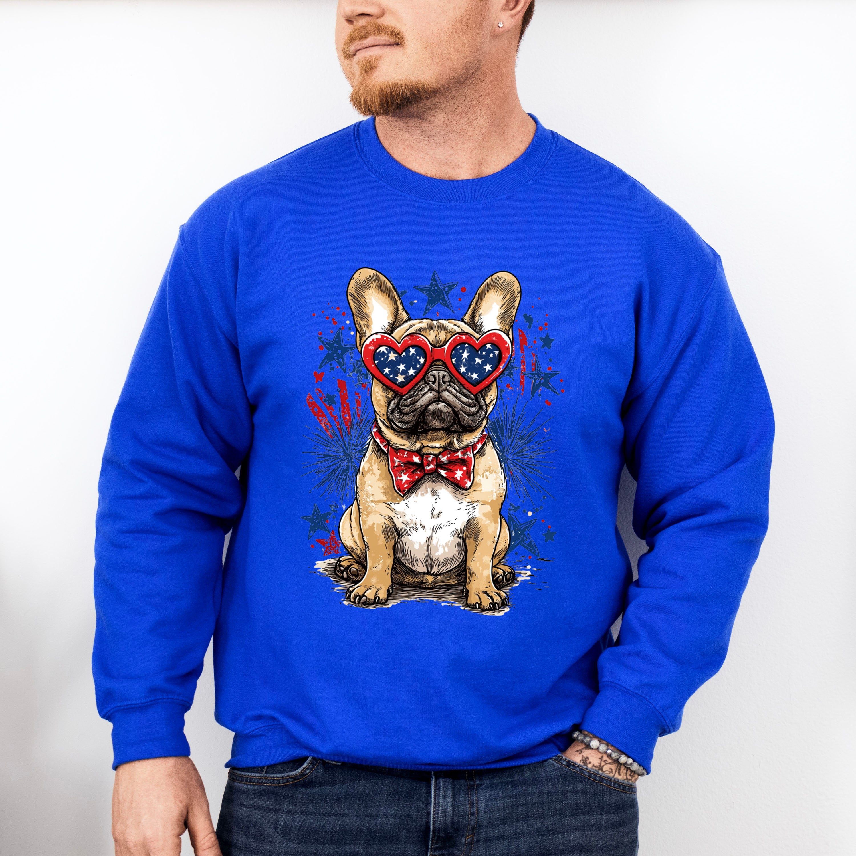 Bulldog And Fireworks - 4th Of July Unisex Crewneck T-Shirt Sweatshirt Hoodie