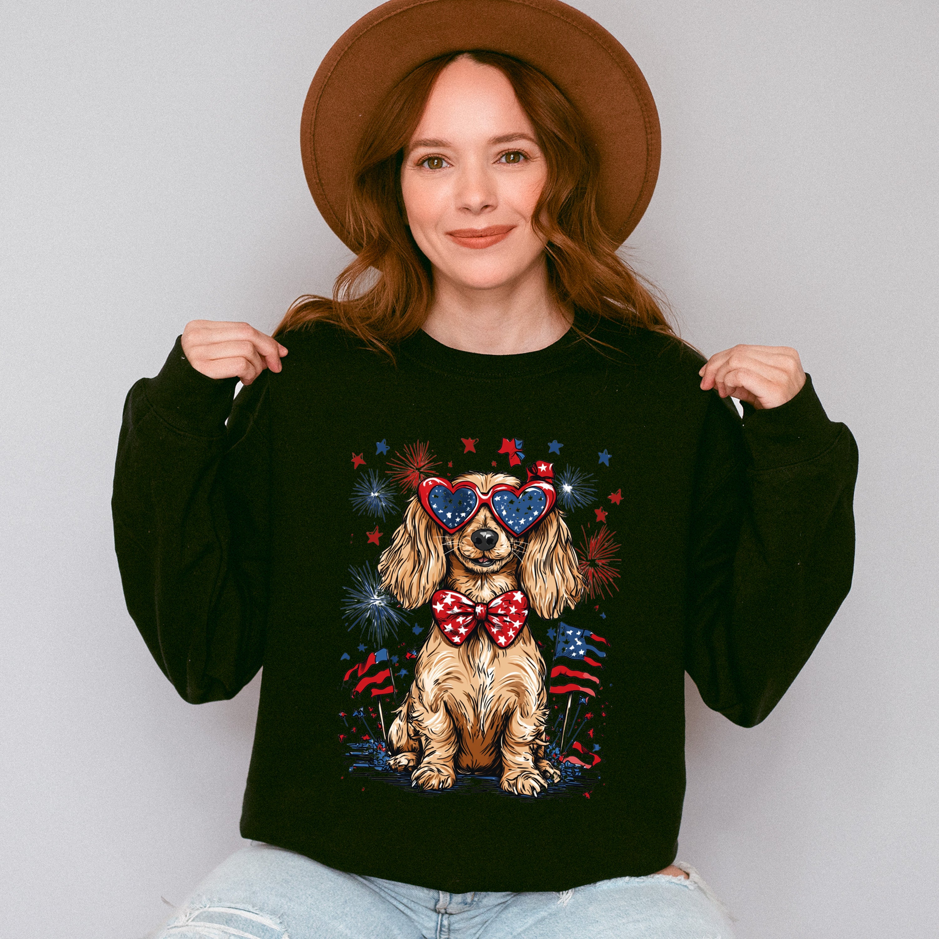 Spaniel And Fireworks - 4th Of July Unisex Crewneck T-Shirt Sweatshirt Hoodie