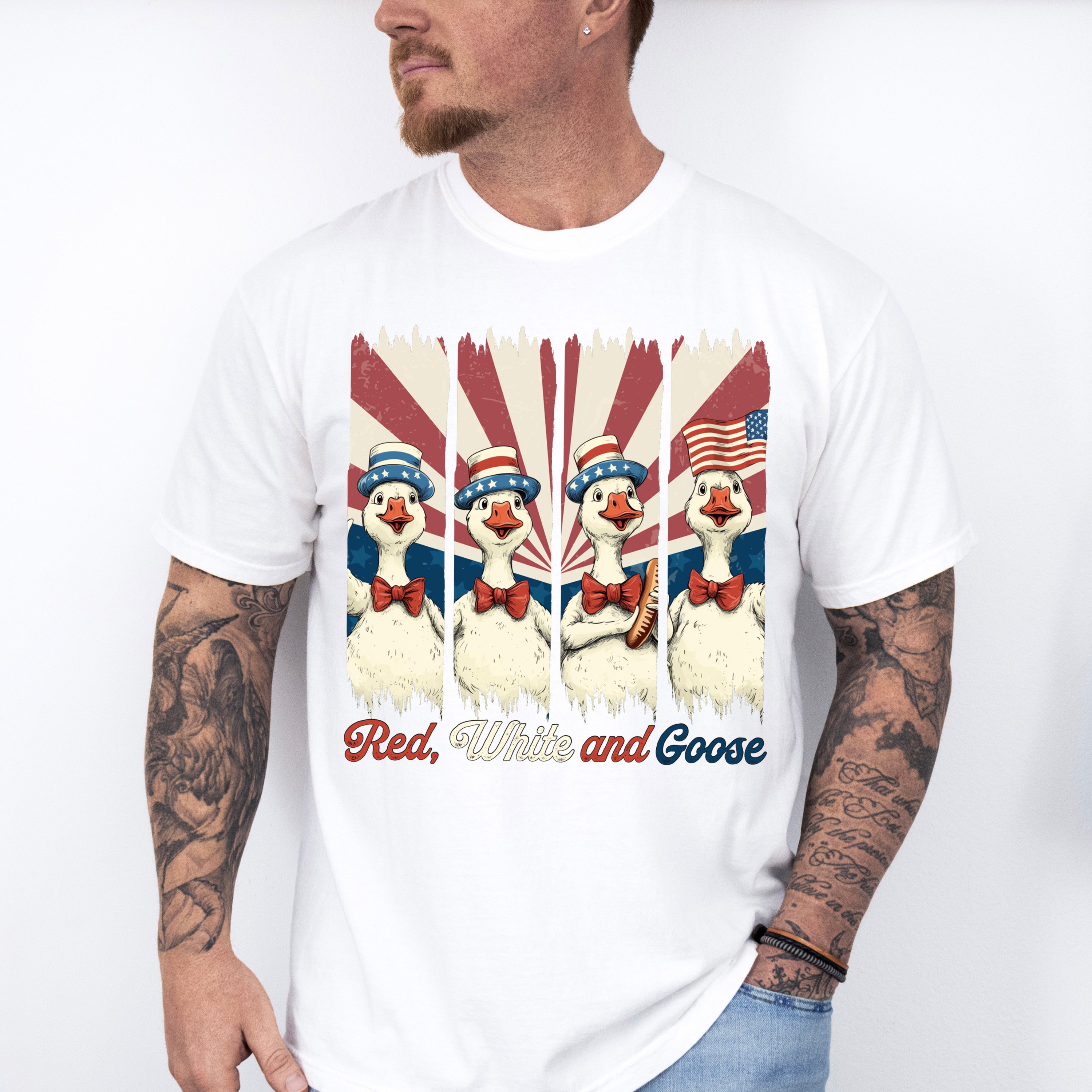 Red White And Goose US Flag - 4th Of July Unisex Crewneck T-Shirt Sweatshirt Hoodie