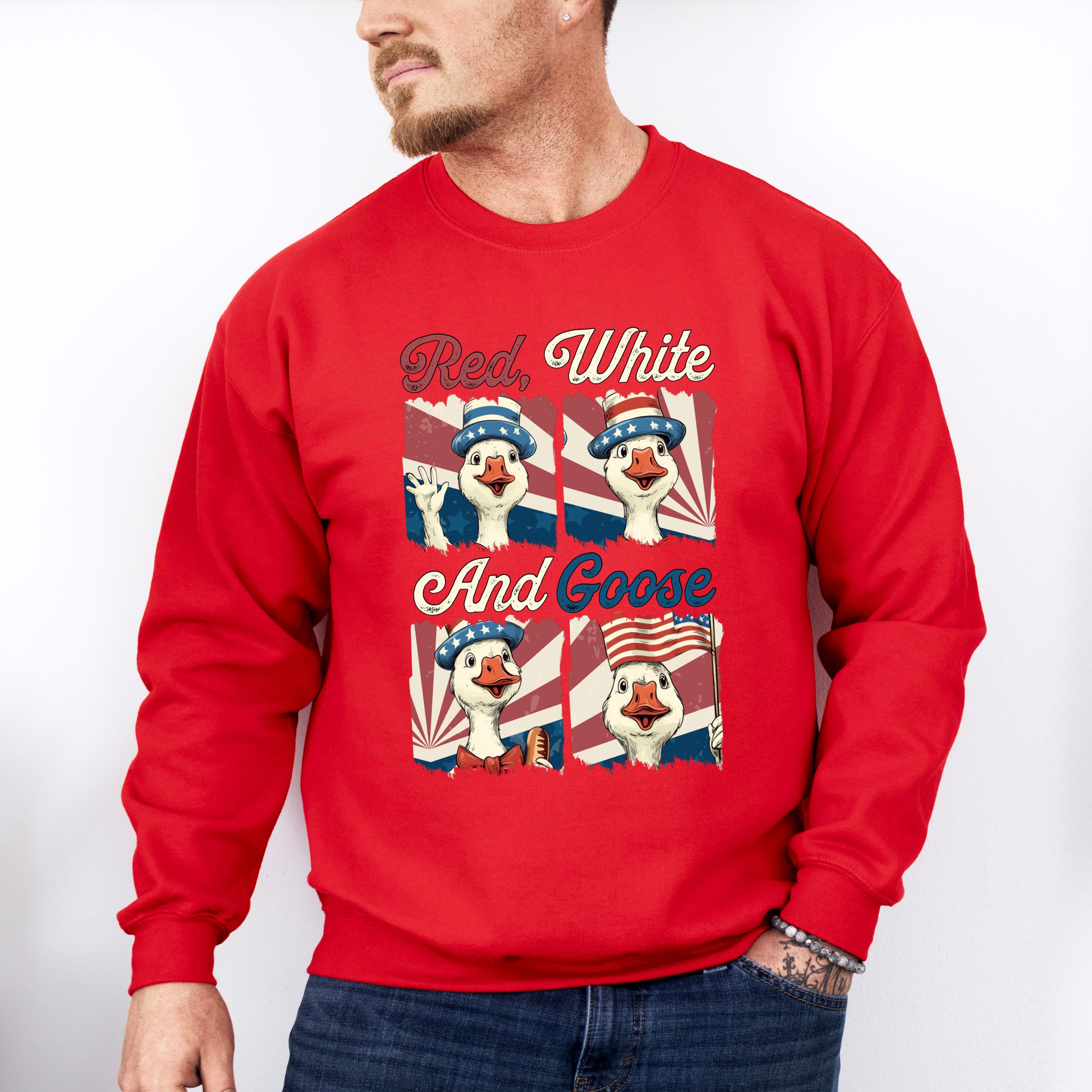 Red White And Goose Collage - 4th Of July Unisex Crewneck T-Shirt Sweatshirt Hoodie