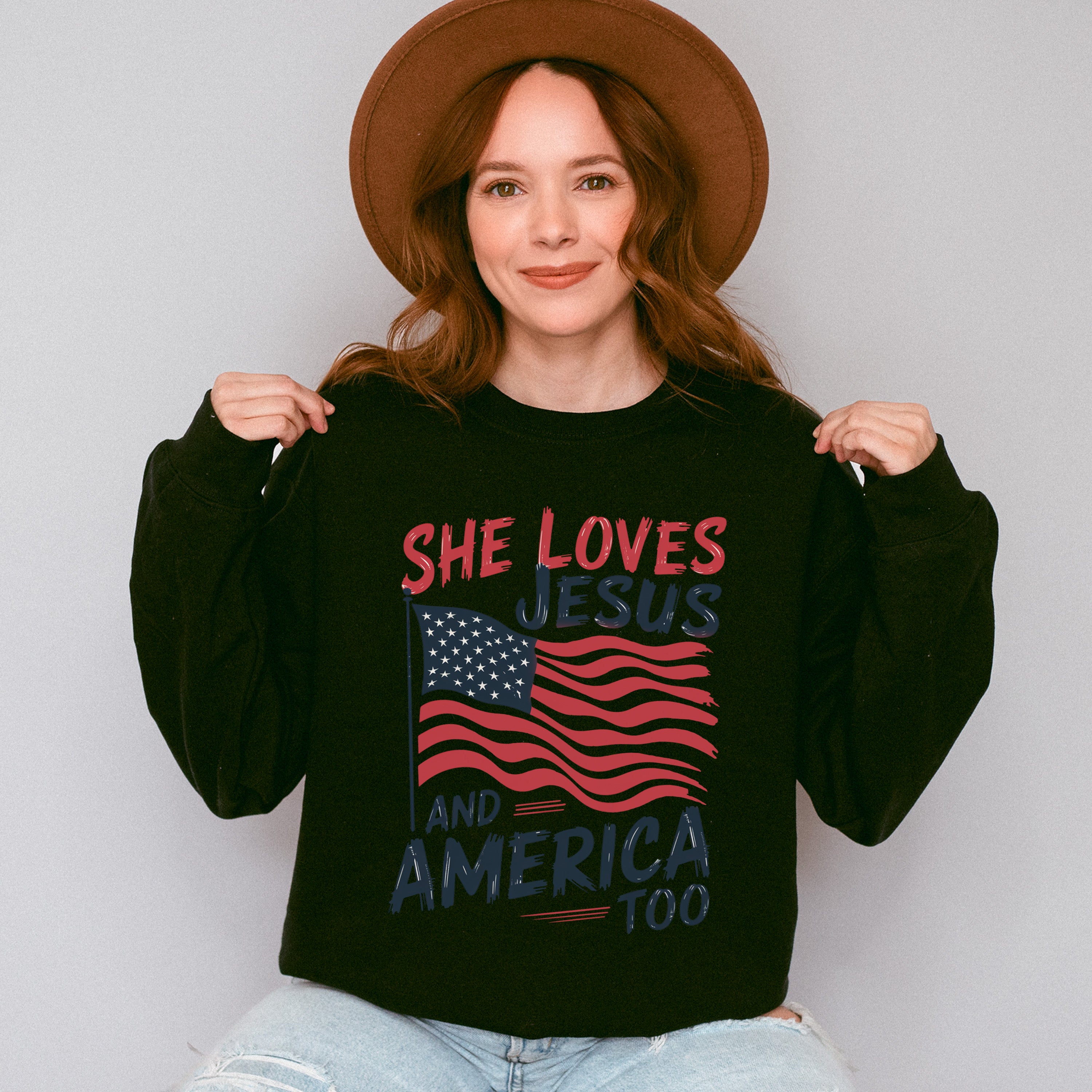 She Loves Jesus And America Too US Flag Design - 4th Of July Unisex Crewneck T-Shirt Sweatshirt Hoodie