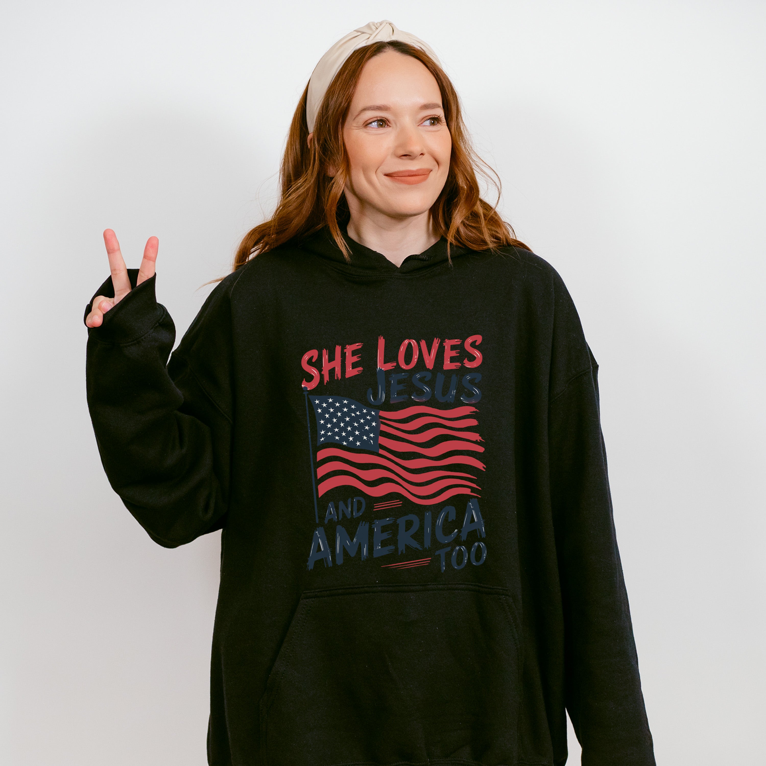 She Loves Jesus And America Too US Flag Design - 4th Of July Unisex Crewneck T-Shirt Sweatshirt Hoodie