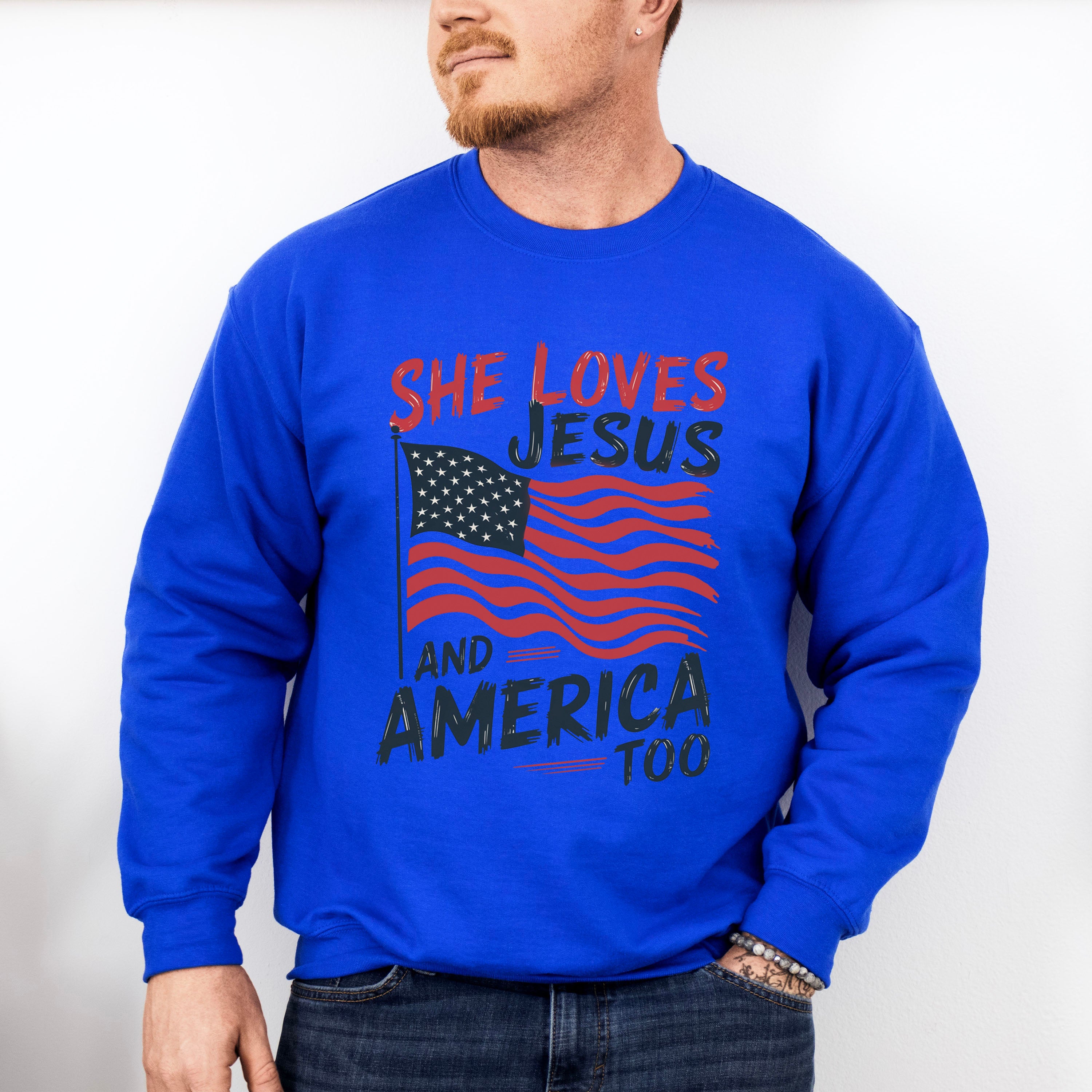 She Loves Jesus And America Too US Flag Design - 4th Of July Unisex Crewneck T-Shirt Sweatshirt Hoodie