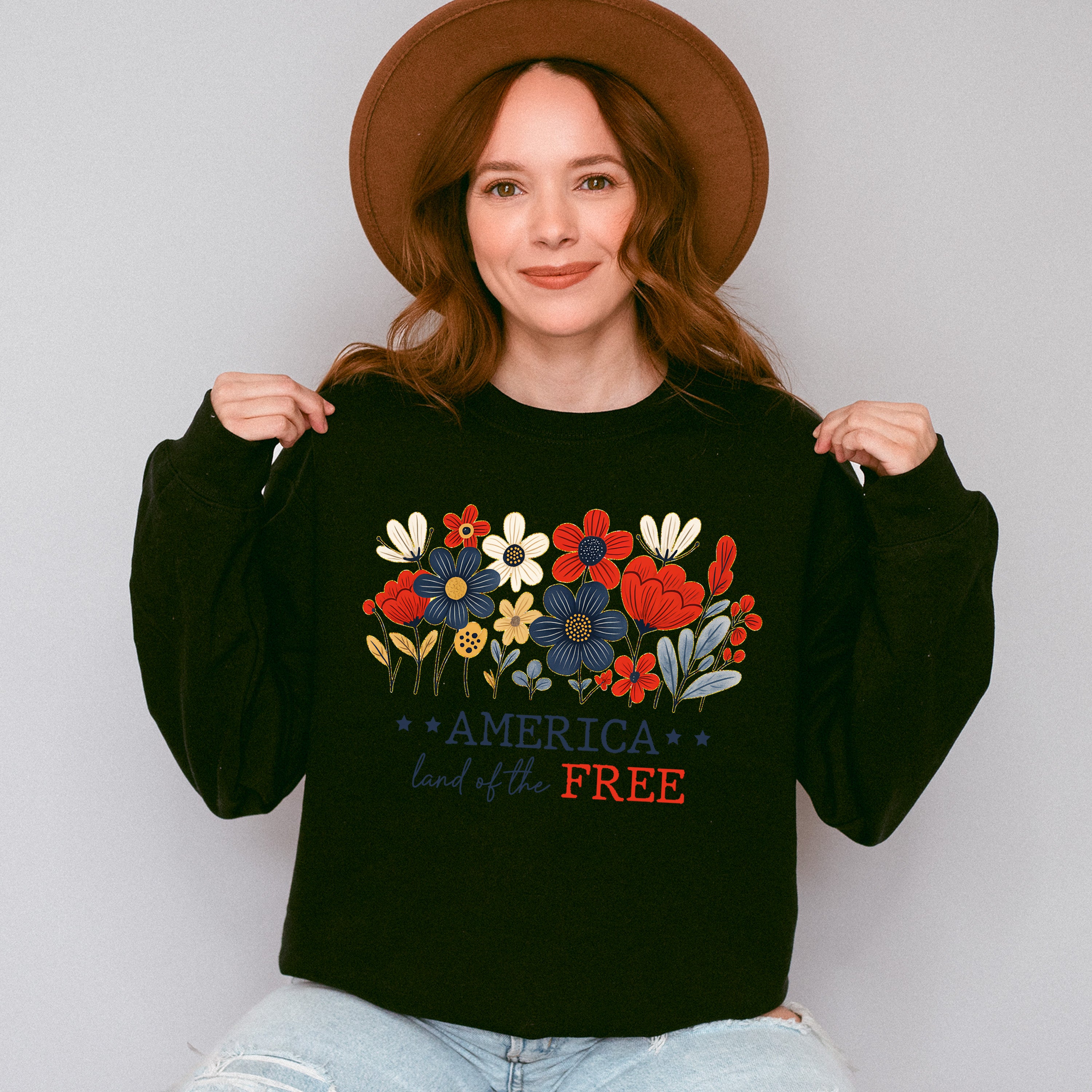 America Land Of The Free Flowers Design - 4th Of July Unisex Crewneck T-Shirt Sweatshirt Hoodie