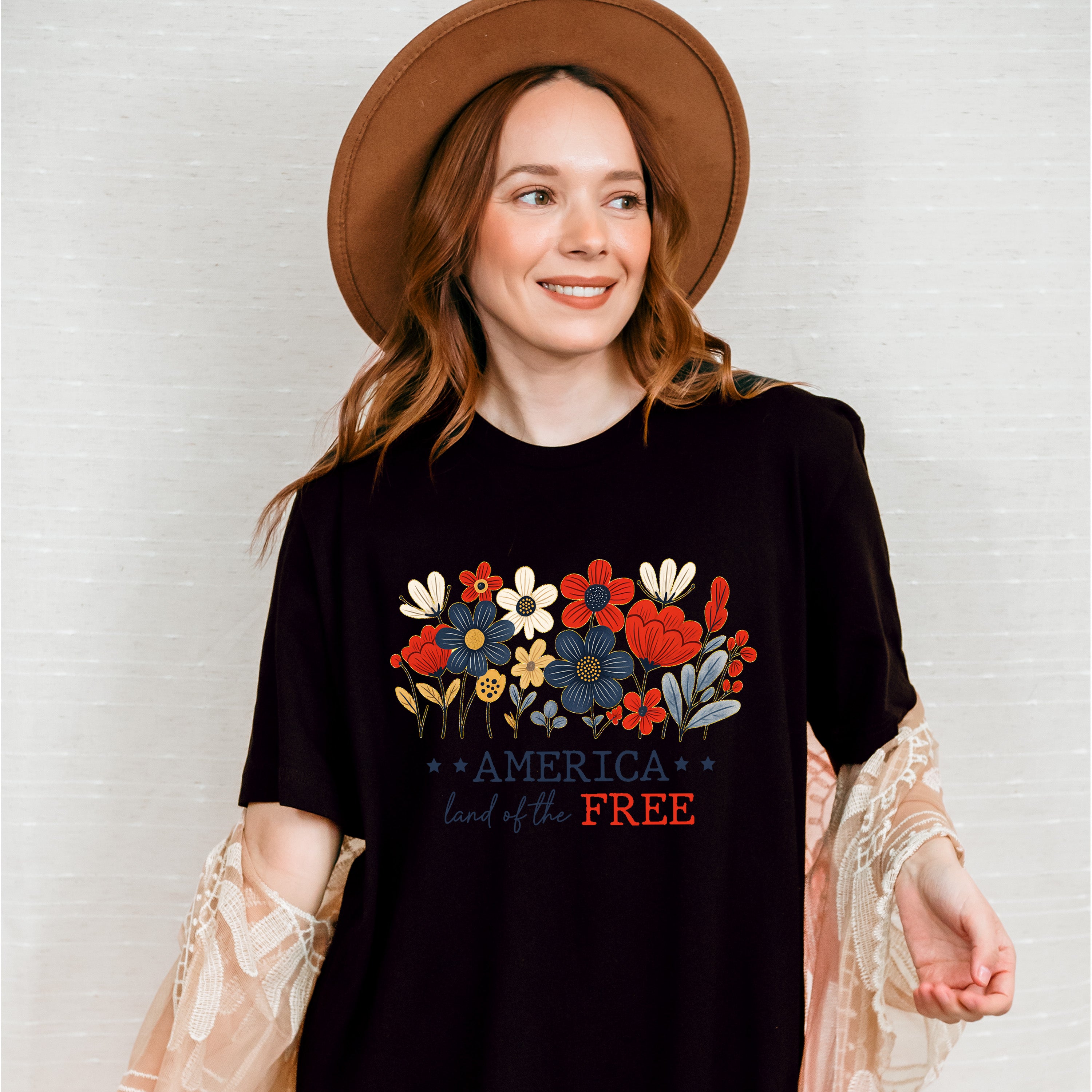 America Land Of The Free Flowers Design - 4th Of July Unisex Crewneck T-Shirt Sweatshirt Hoodie