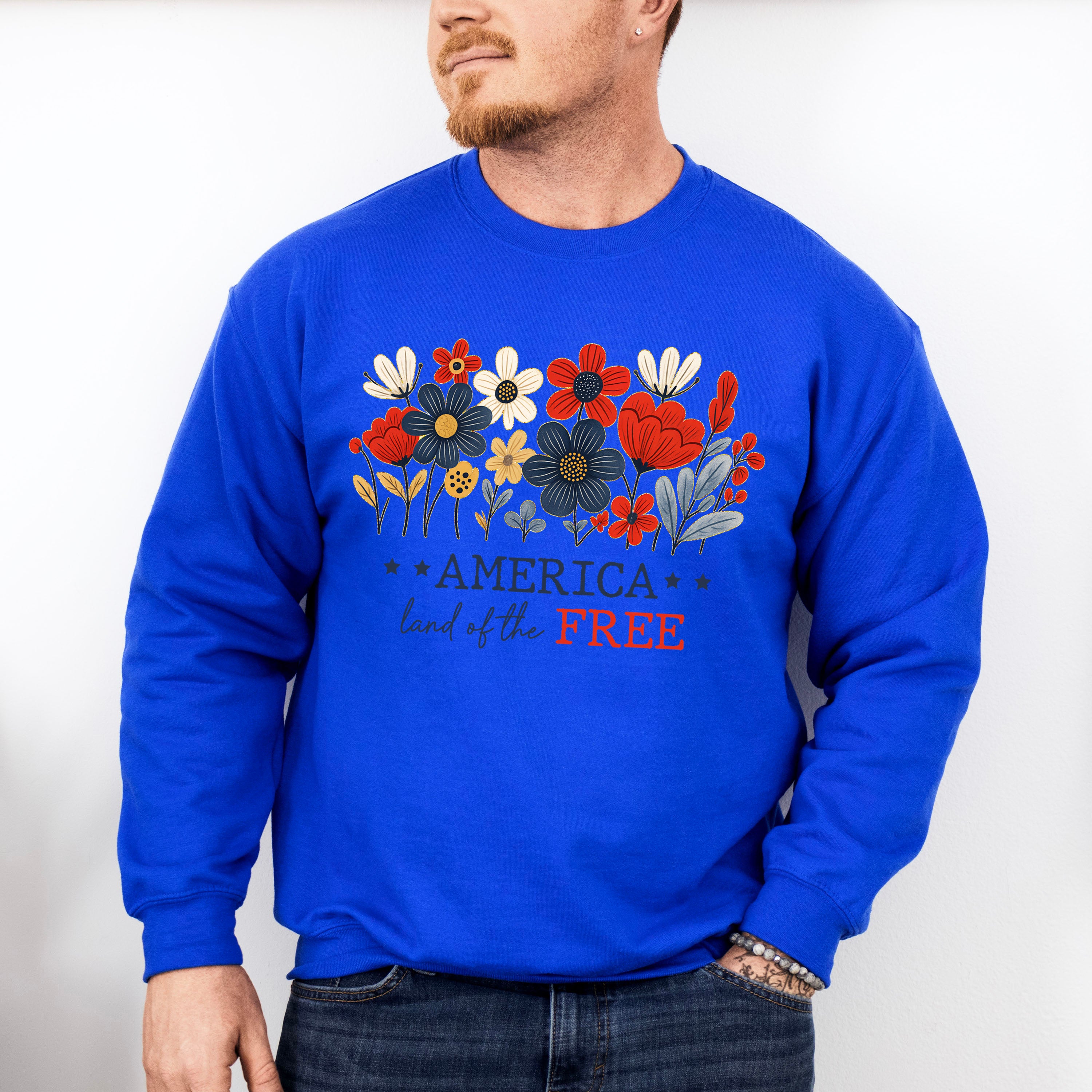 America Land Of The Free Flowers Design - 4th Of July Unisex Crewneck T-Shirt Sweatshirt Hoodie