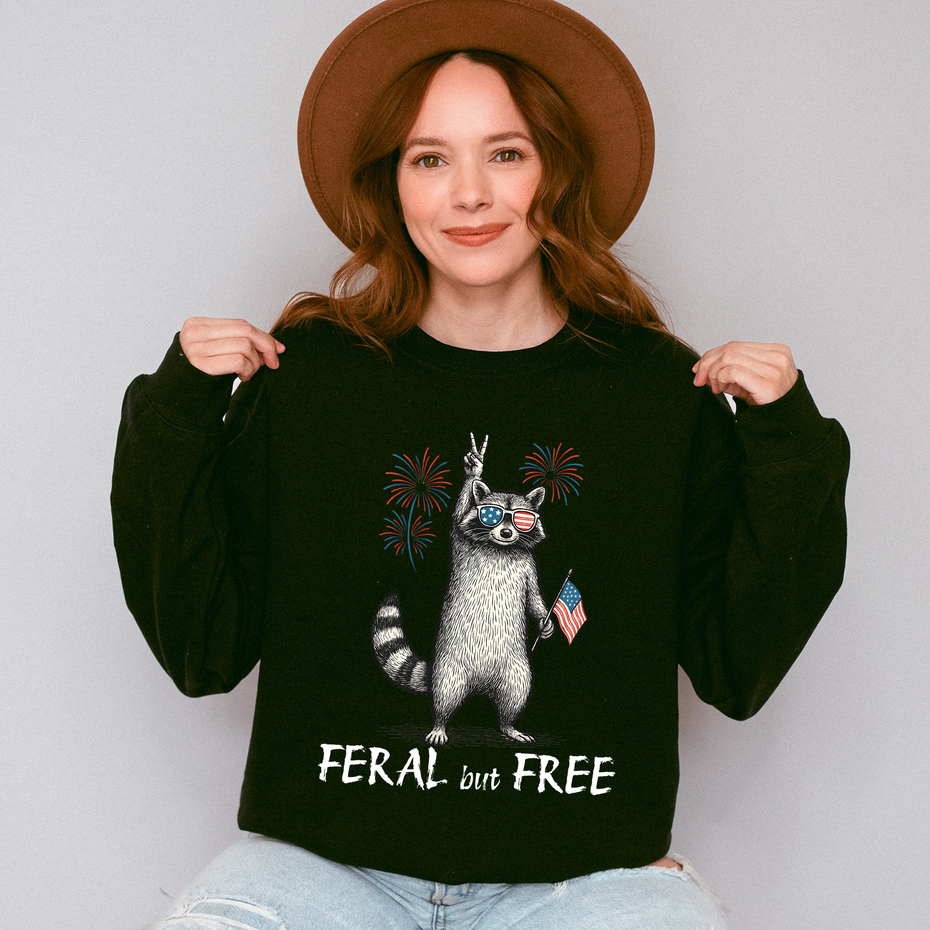 Feral &amp; Free Raccoon Fireworks Design - 4th Of July Unisex Crewneck T-Shirt Sweatshirt Hoodie