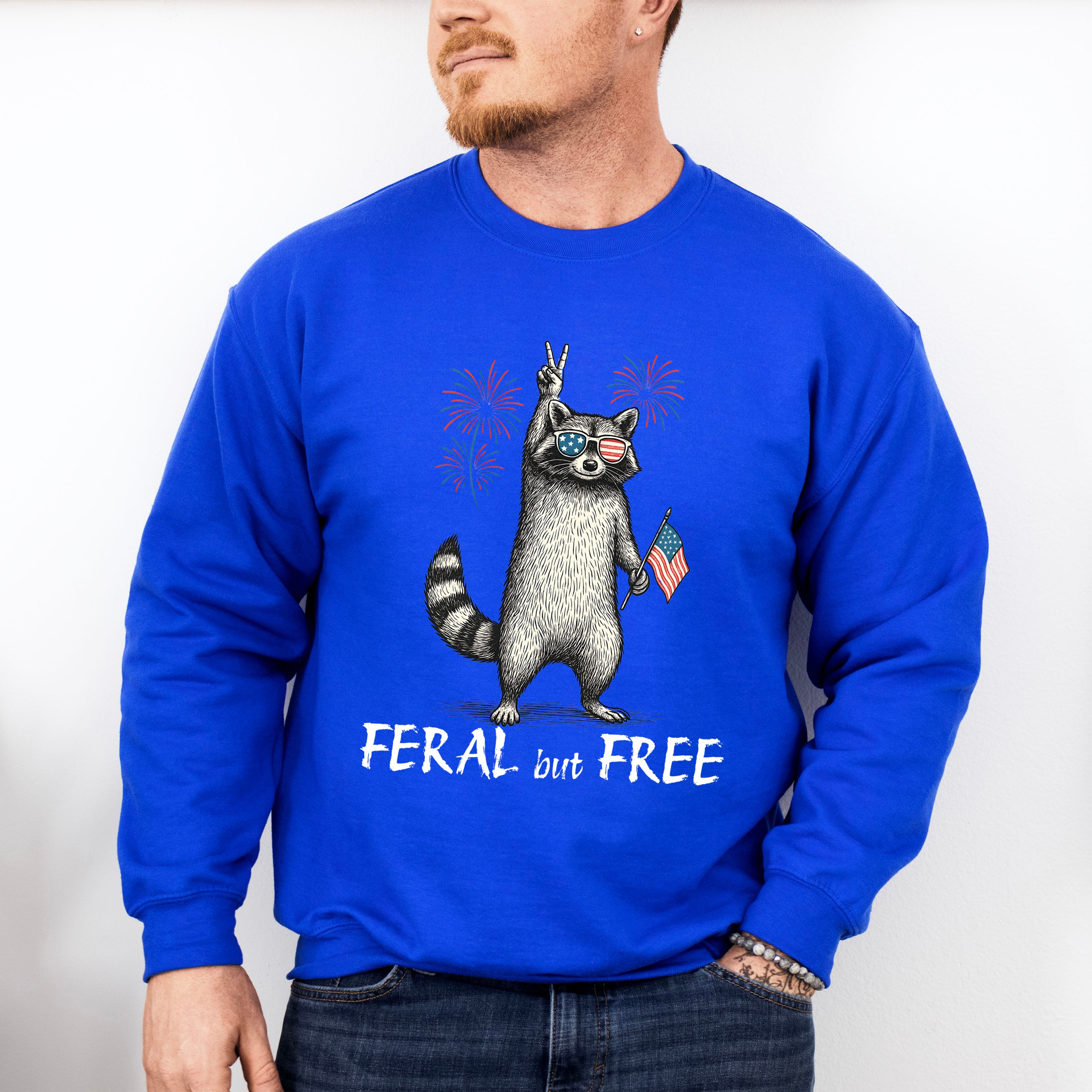 Feral &amp; Free Raccoon Fireworks Design - 4th Of July Unisex Crewneck T-Shirt Sweatshirt Hoodie