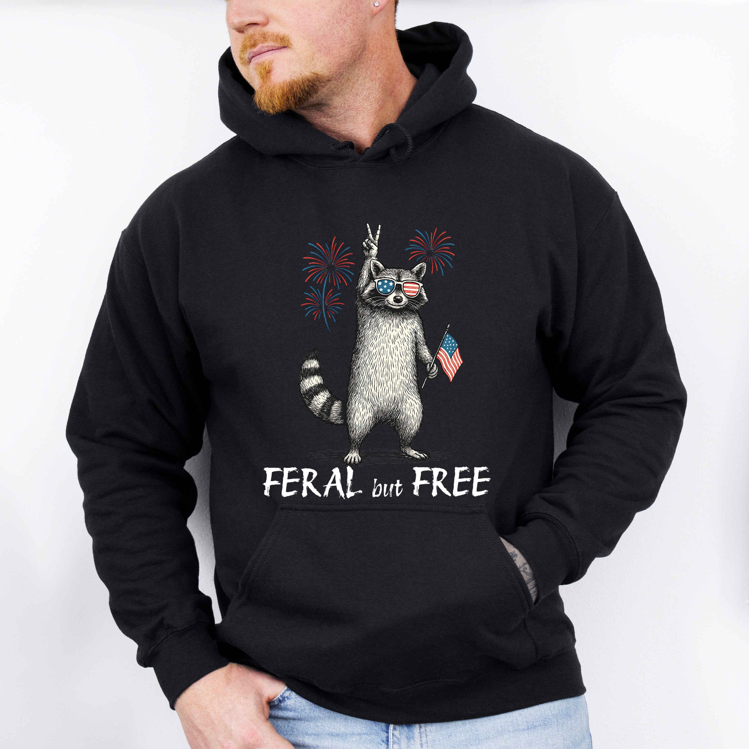 Feral &amp; Free Raccoon Fireworks Design - 4th Of July Unisex Crewneck T-Shirt Sweatshirt Hoodie