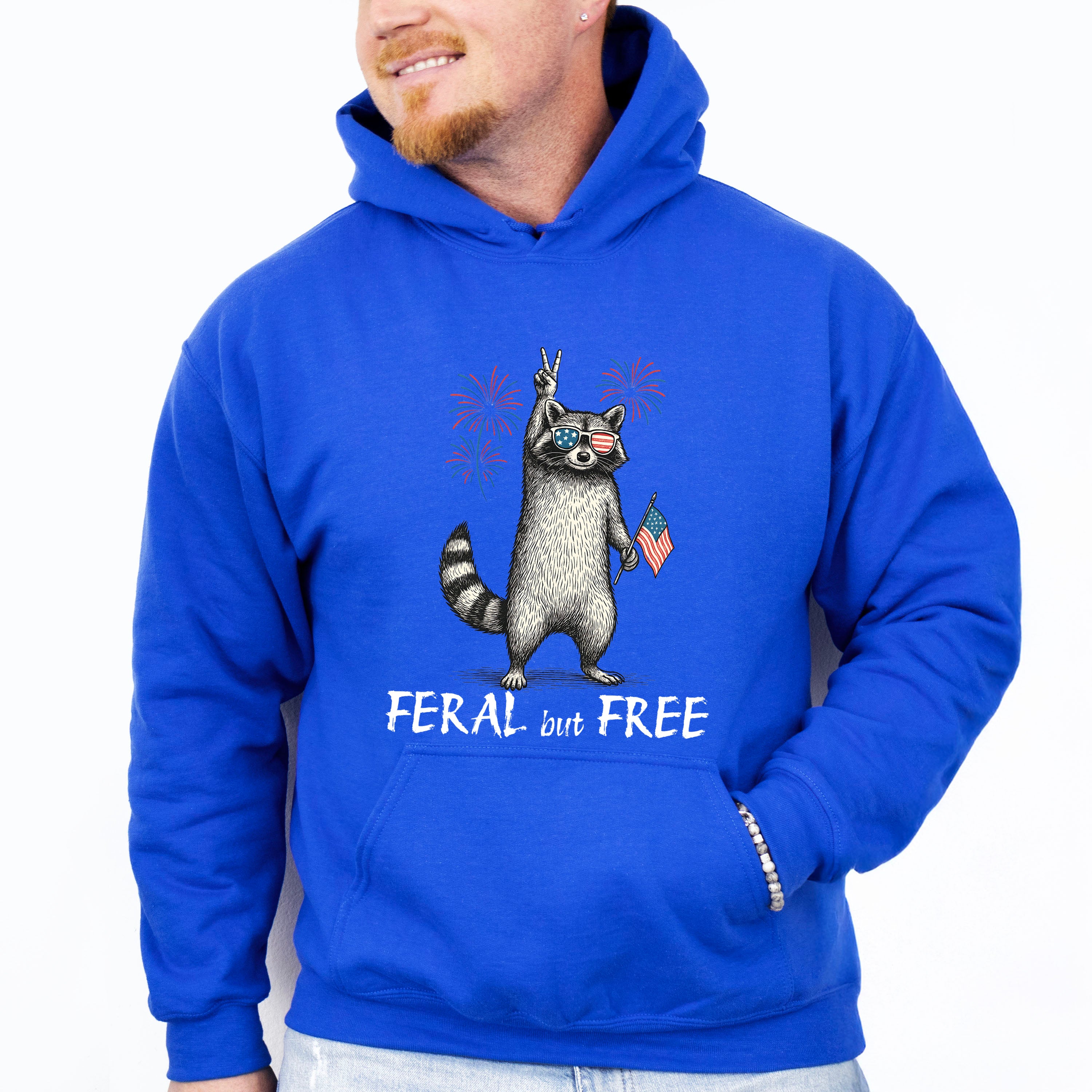 Feral &amp; Free Raccoon Fireworks Design - 4th Of July Unisex Crewneck T-Shirt Sweatshirt Hoodie
