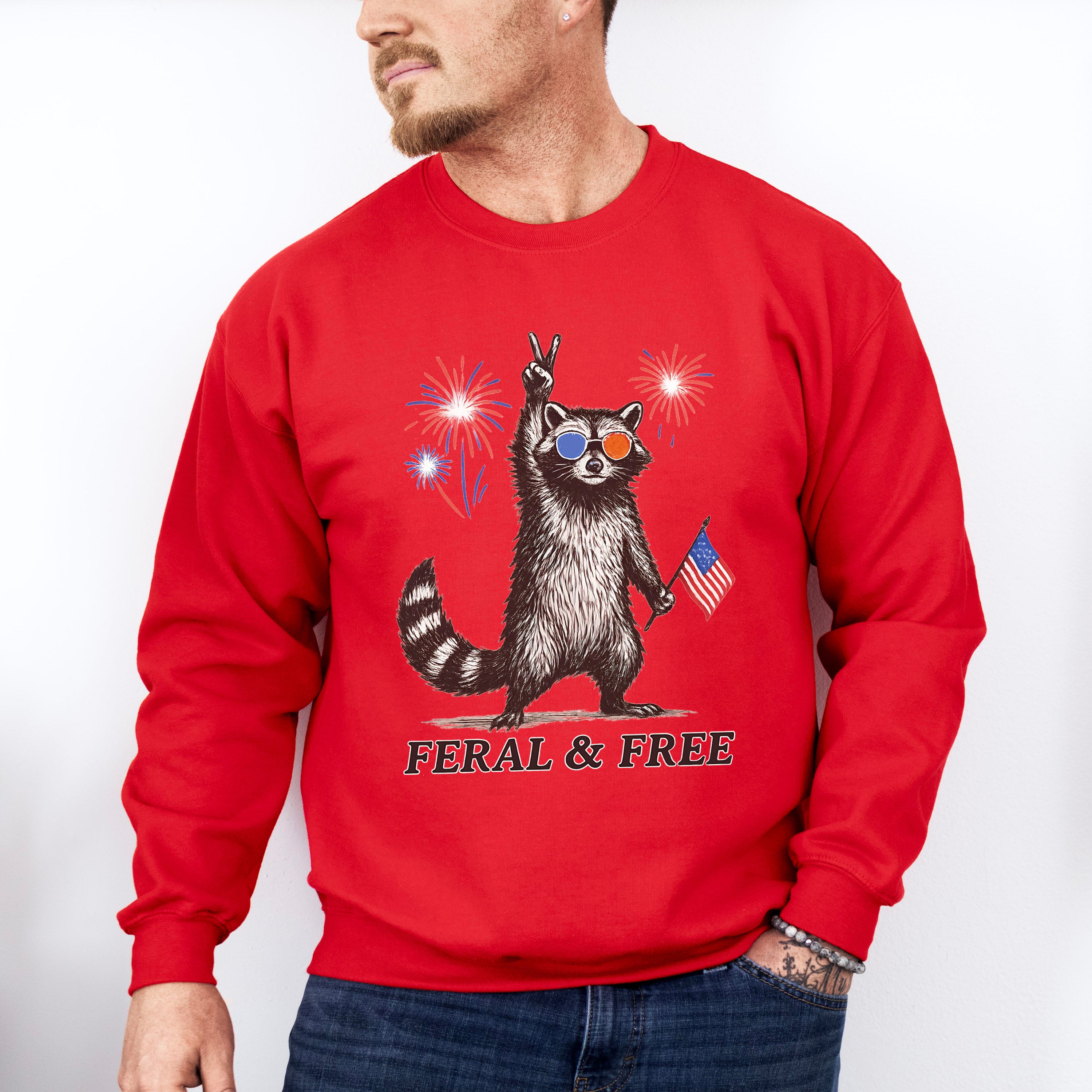 Feral &amp; Free Raccoon Fireworks Design - 4th Of July Unisex Crewneck T-Shirt Sweatshirt Hoodie