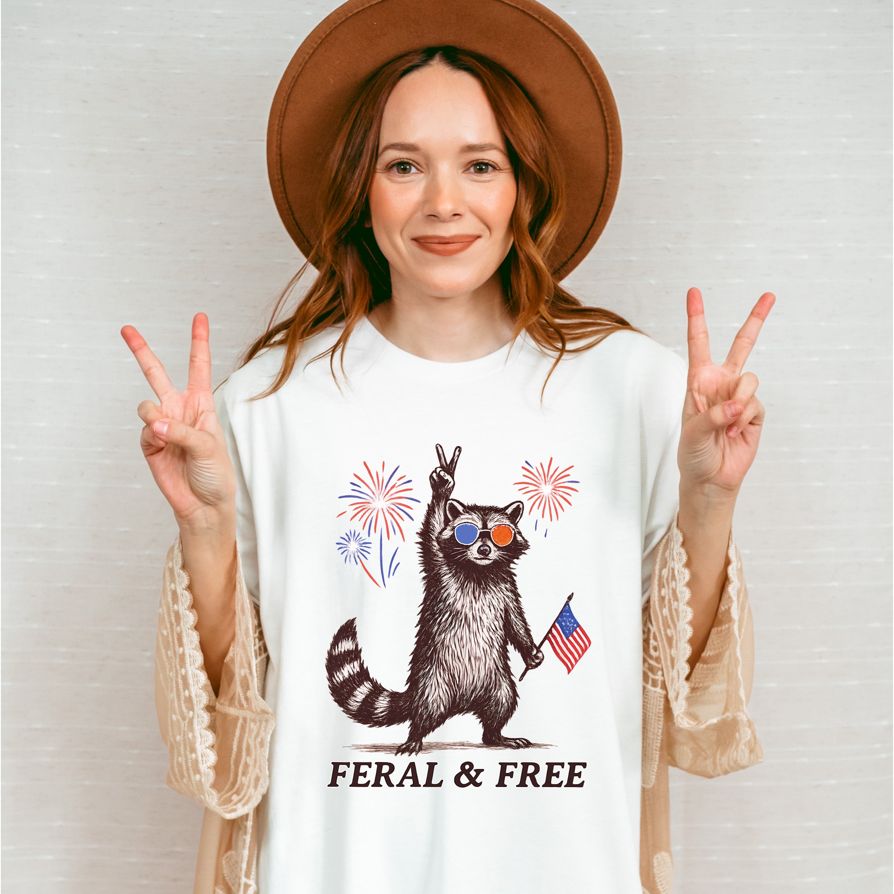 Feral &amp; Free Raccoon Fireworks Design - 4th Of July Unisex Crewneck T-Shirt Sweatshirt Hoodie