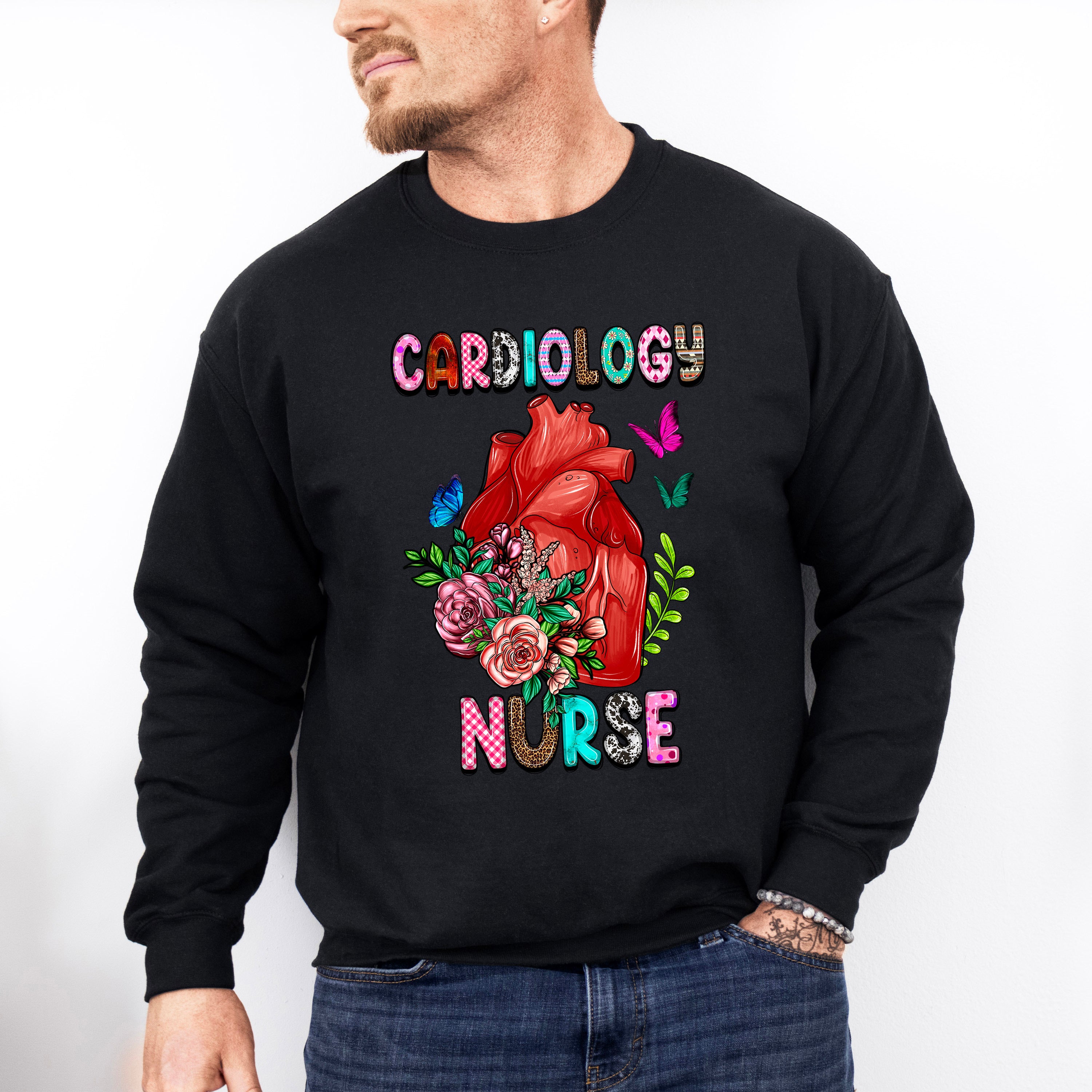 Cardiology Nurse Heart Floral Design - Cardiac Nurse Unisex Crewneck T-Shirt Sweatshirt Hoodie