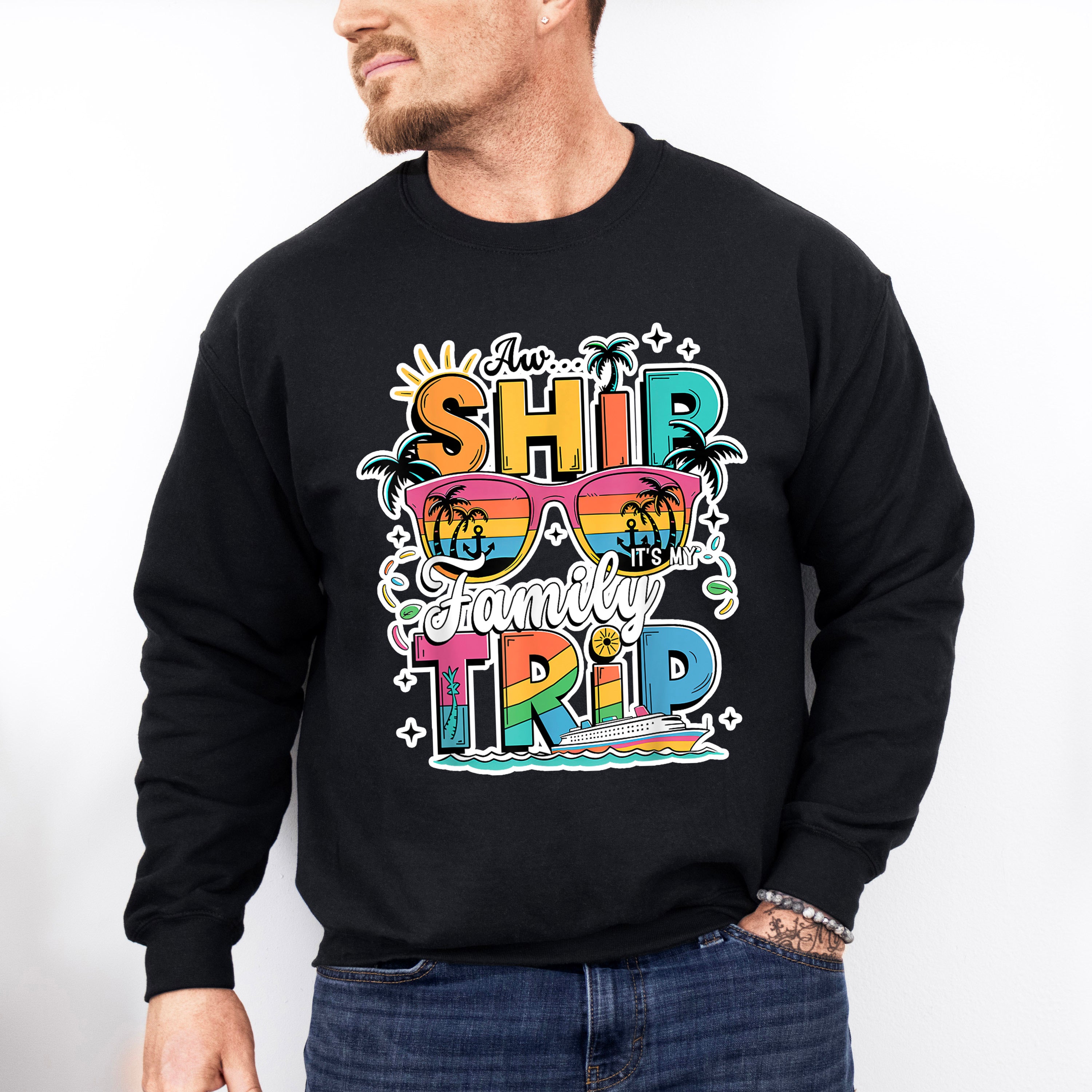 Aw Ship It's A Family Trip Pink Glasses Design - Vacation Unisex Crewneck T-Shirt Sweatshirt Hoodie
