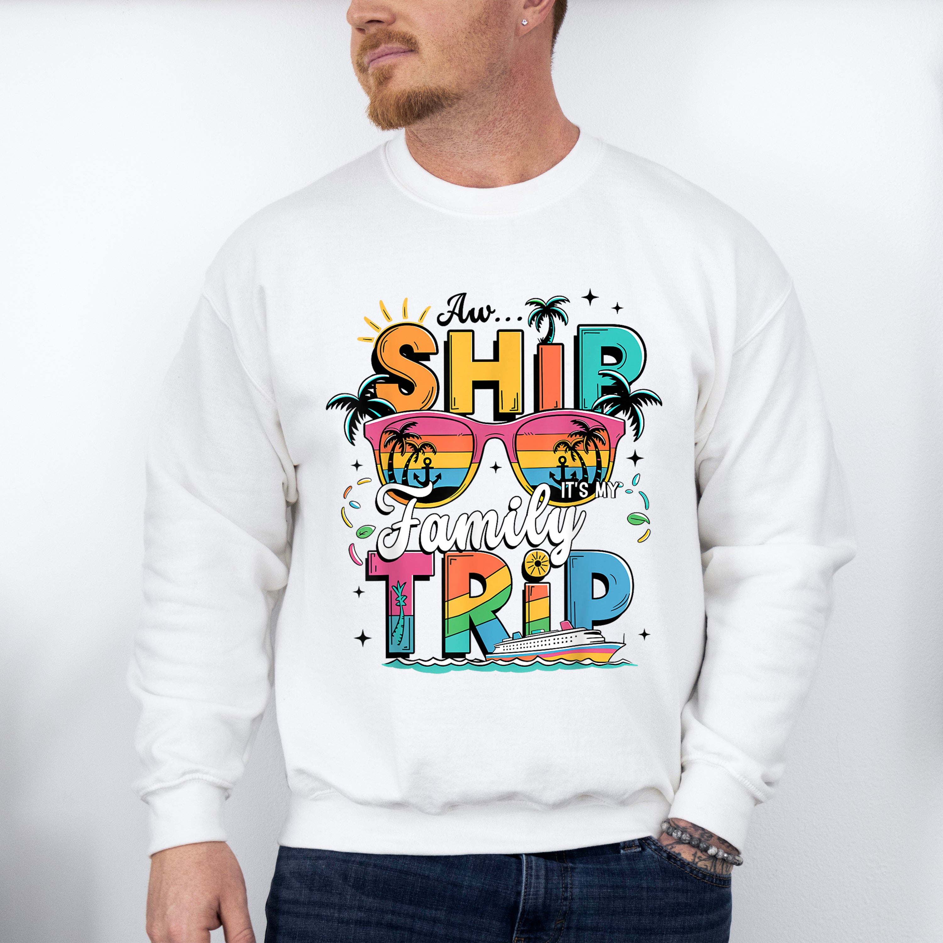 Aw Ship It's A Family Trip Pink Glasses Design - Vacation Unisex Crewneck T-Shirt Sweatshirt Hoodie