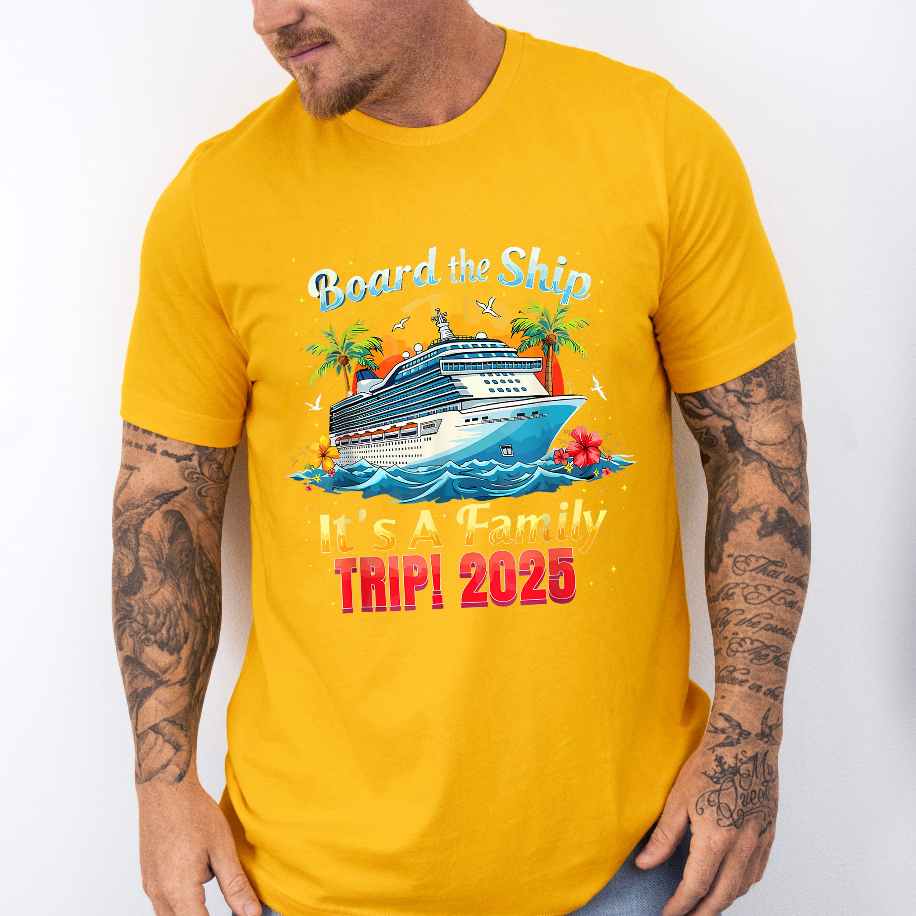 Board The Ship It's A Family Trip 2025 Yellow &amp; Red - Vacation Unisex Crewneck T-Shirt Sweatshirt Hoodie
