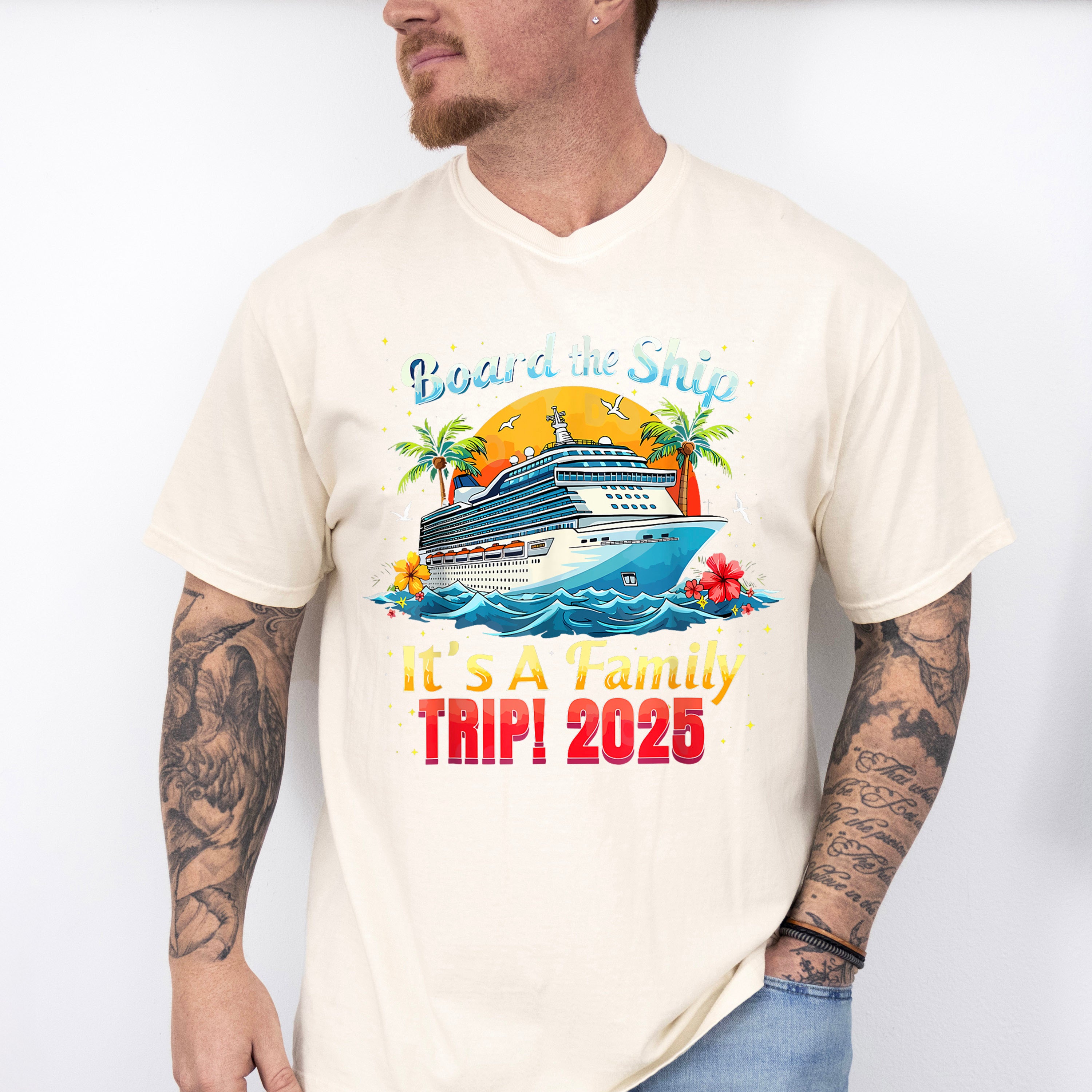 Board The Ship It's A Family Trip 2025 Yellow &amp; Red - Vacation Unisex Crewneck T-Shirt Sweatshirt Hoodie