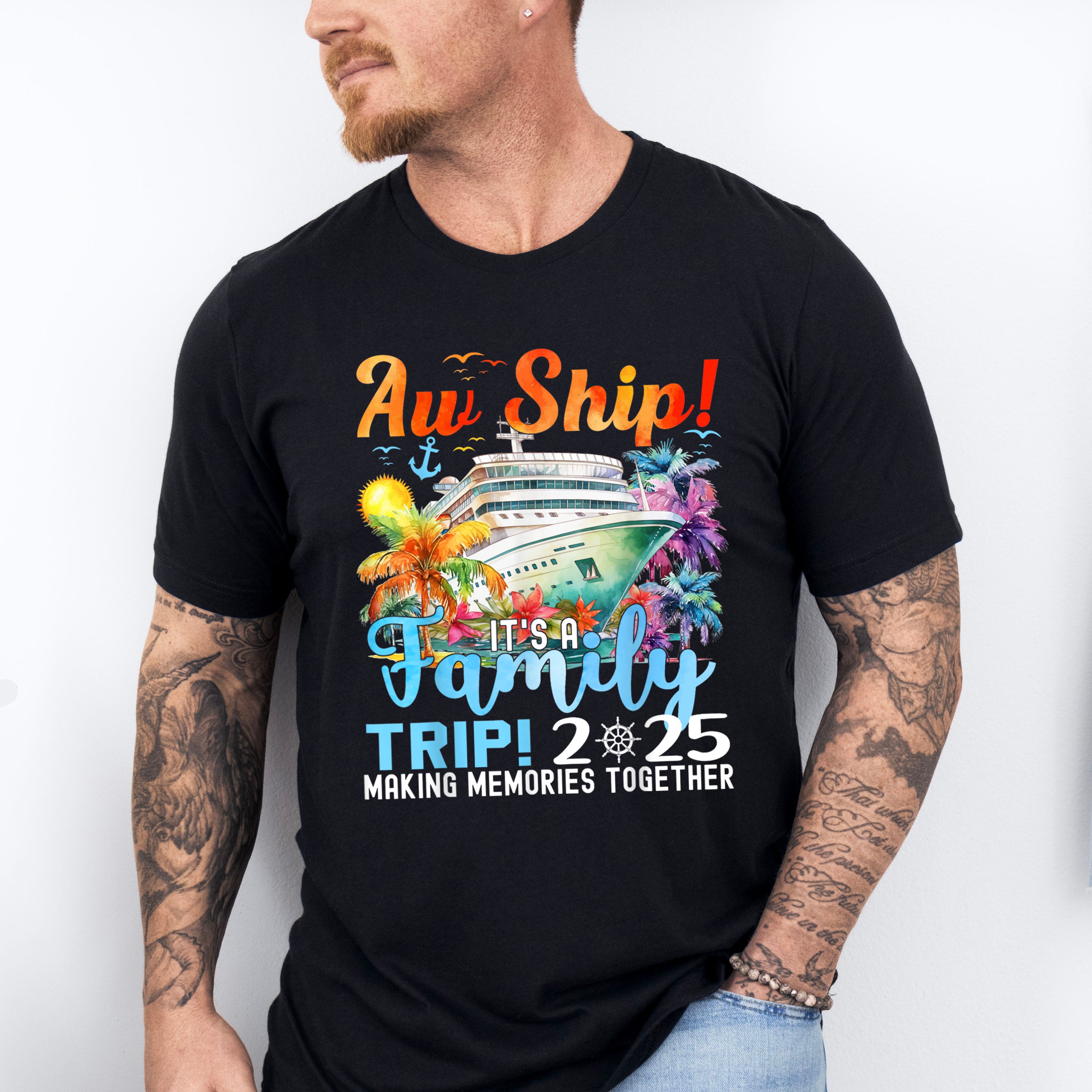 Aw Ship It's A Family Trip 2025 Colorful Trees - Vacation Unisex Crewneck T-Shirt Sweatshirt Hoodie