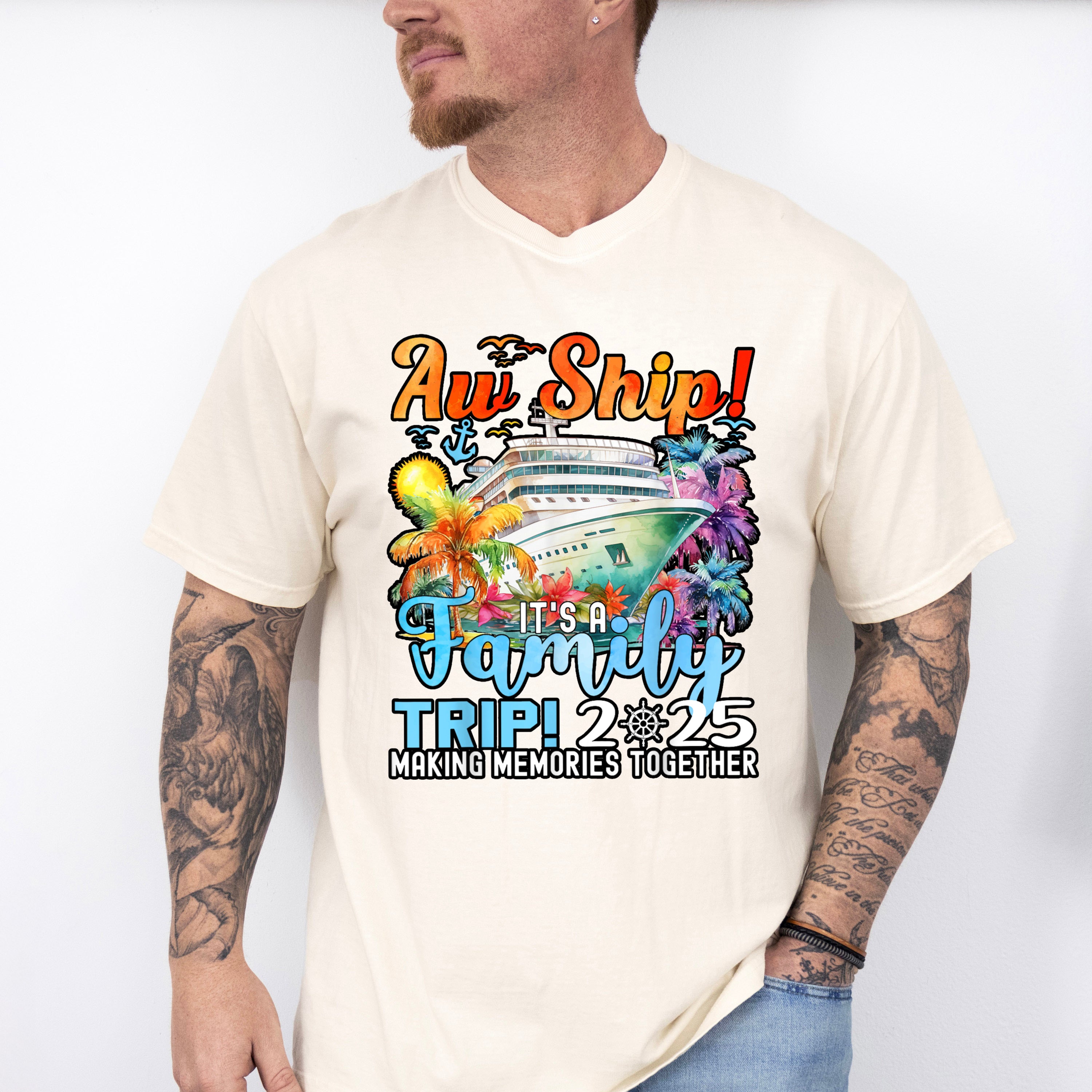 Aw Ship It's A Family Trip 2025 Colorful Trees - Vacation Unisex Crewneck T-Shirt Sweatshirt Hoodie