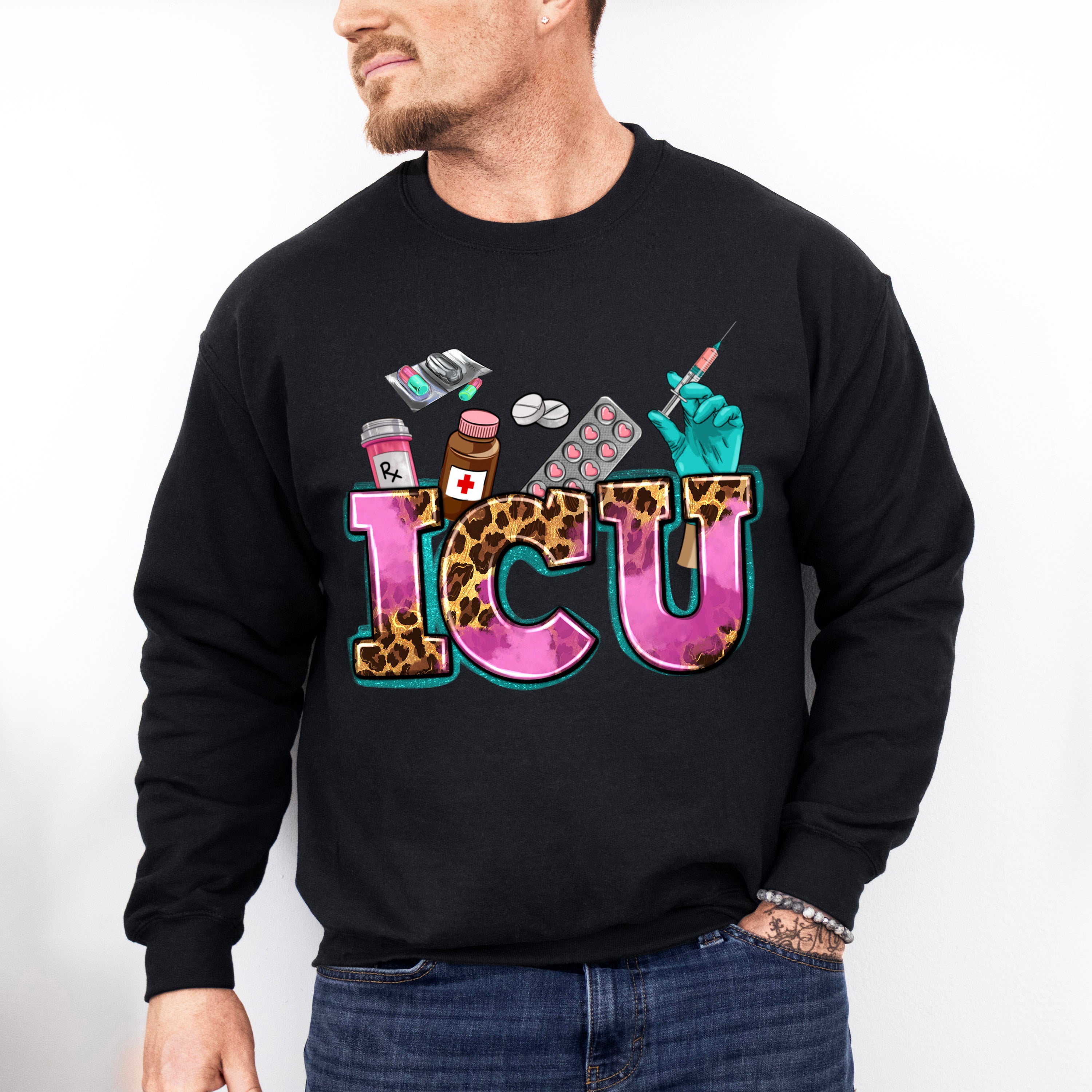 ICU Leopard Doodles Design - ICU Nurse Unisex Crewneck T-Shirt Sweatshirt Hoodie