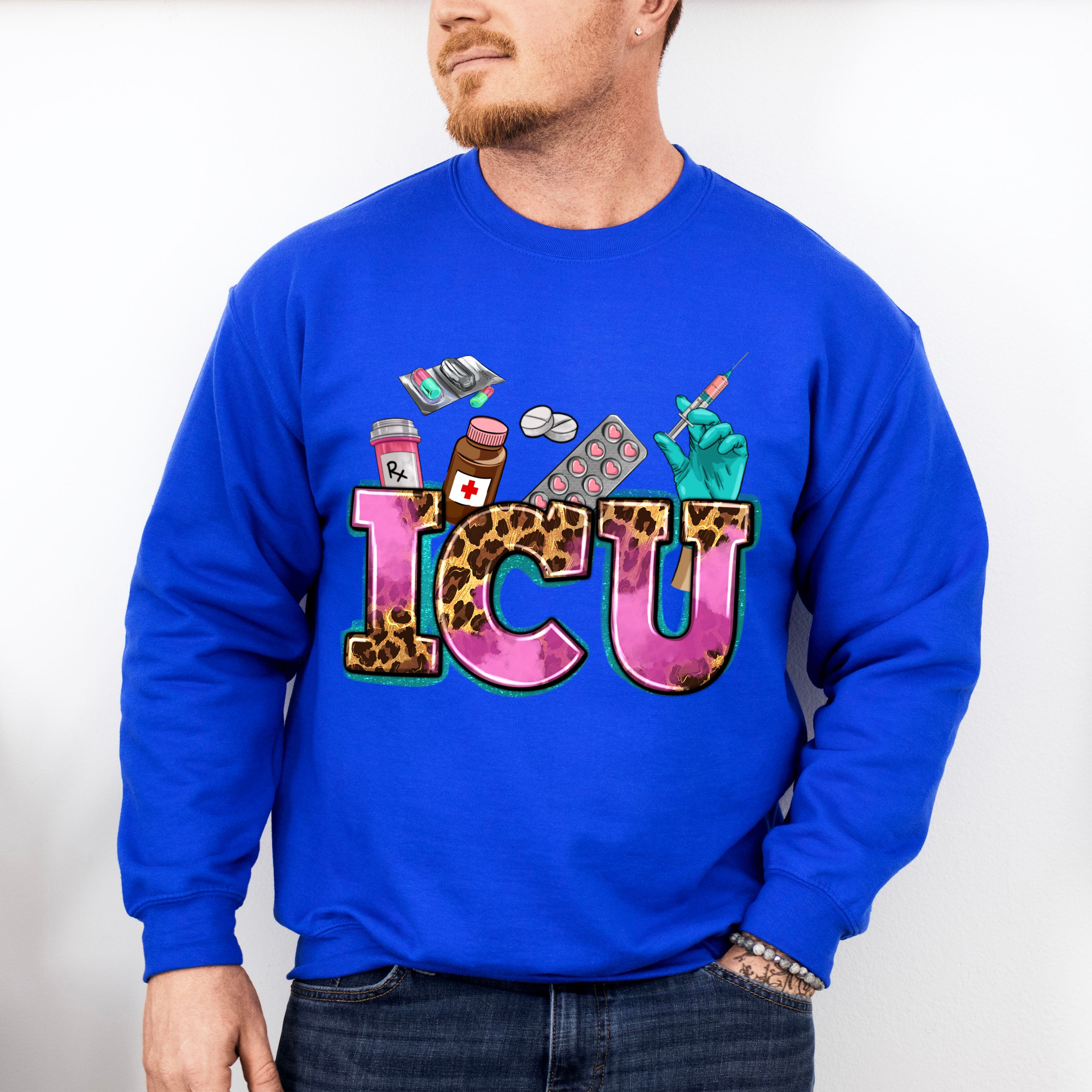 ICU Leopard Doodles Design - ICU Nurse Unisex Crewneck T-Shirt Sweatshirt Hoodie