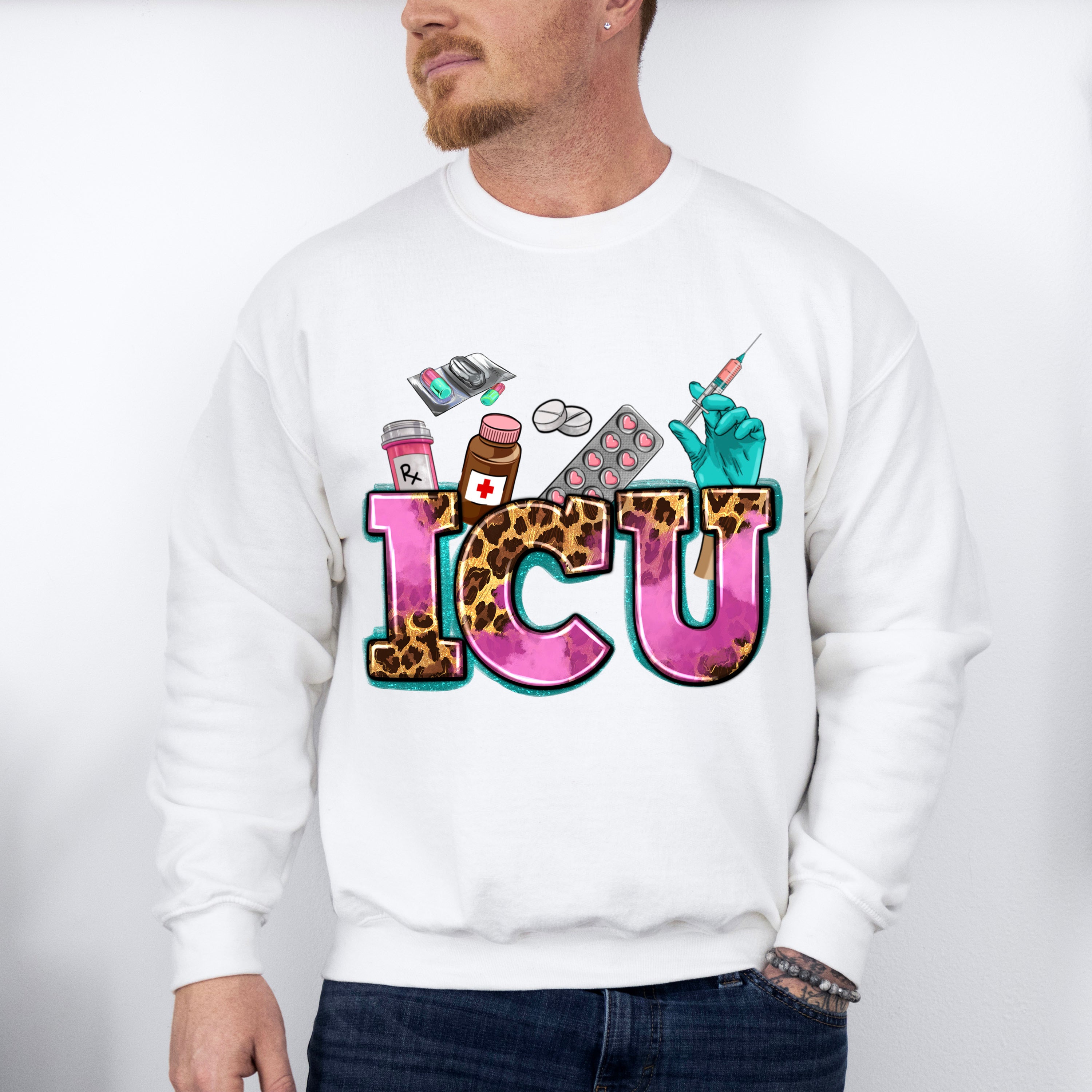 ICU Leopard Doodles Design - ICU Nurse Unisex Crewneck T-Shirt Sweatshirt Hoodie