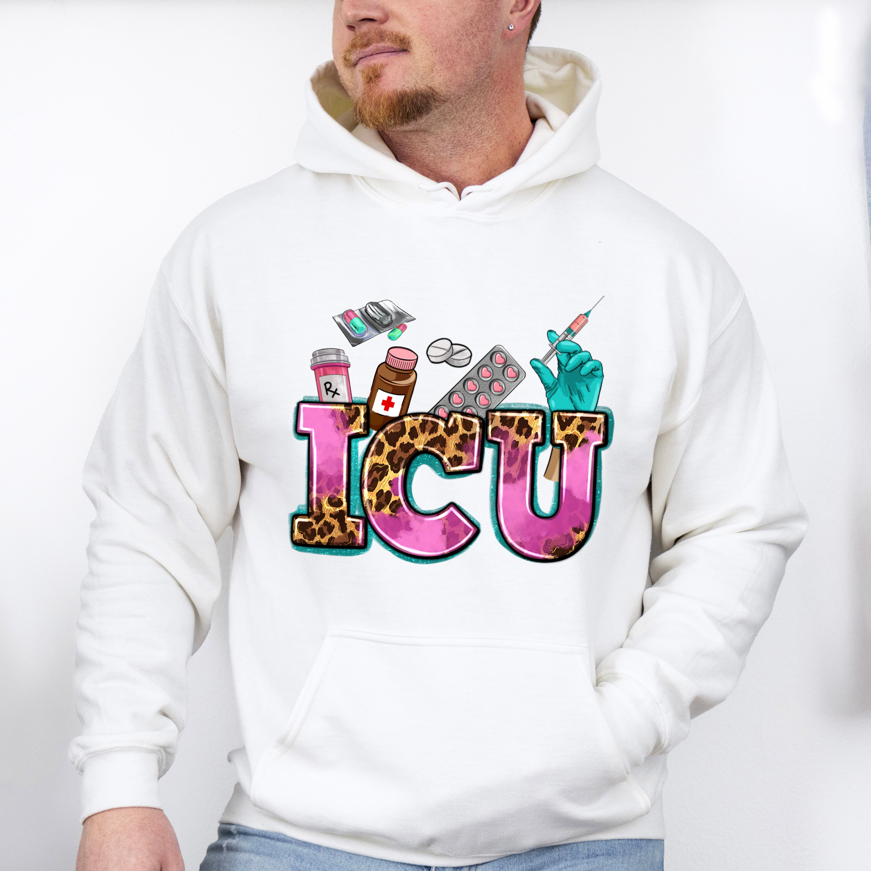 ICU Leopard Doodles Design - ICU Nurse Unisex Crewneck T-Shirt Sweatshirt Hoodie