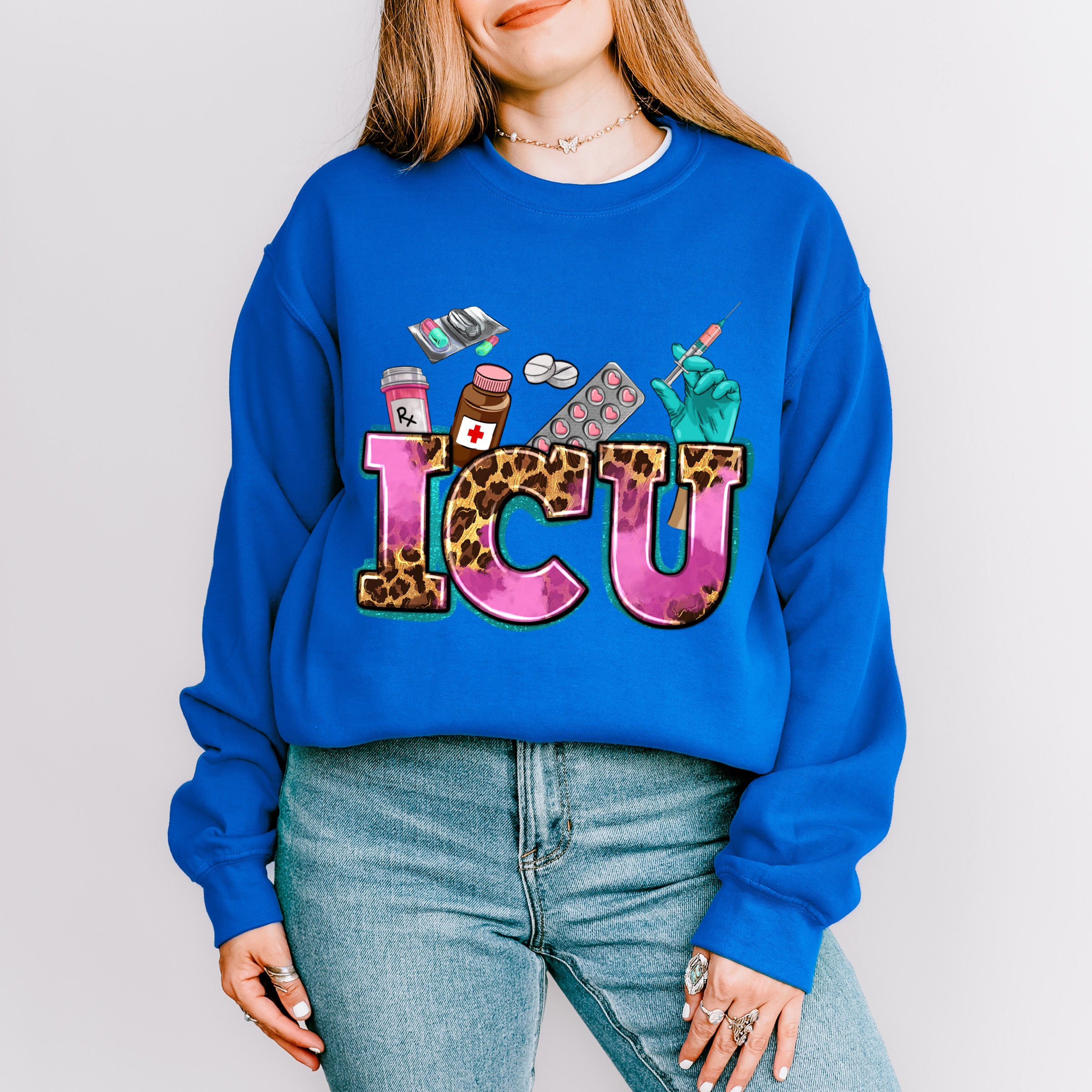 ICU Leopard Doodles Design - ICU Nurse Unisex Crewneck T-Shirt Sweatshirt Hoodie