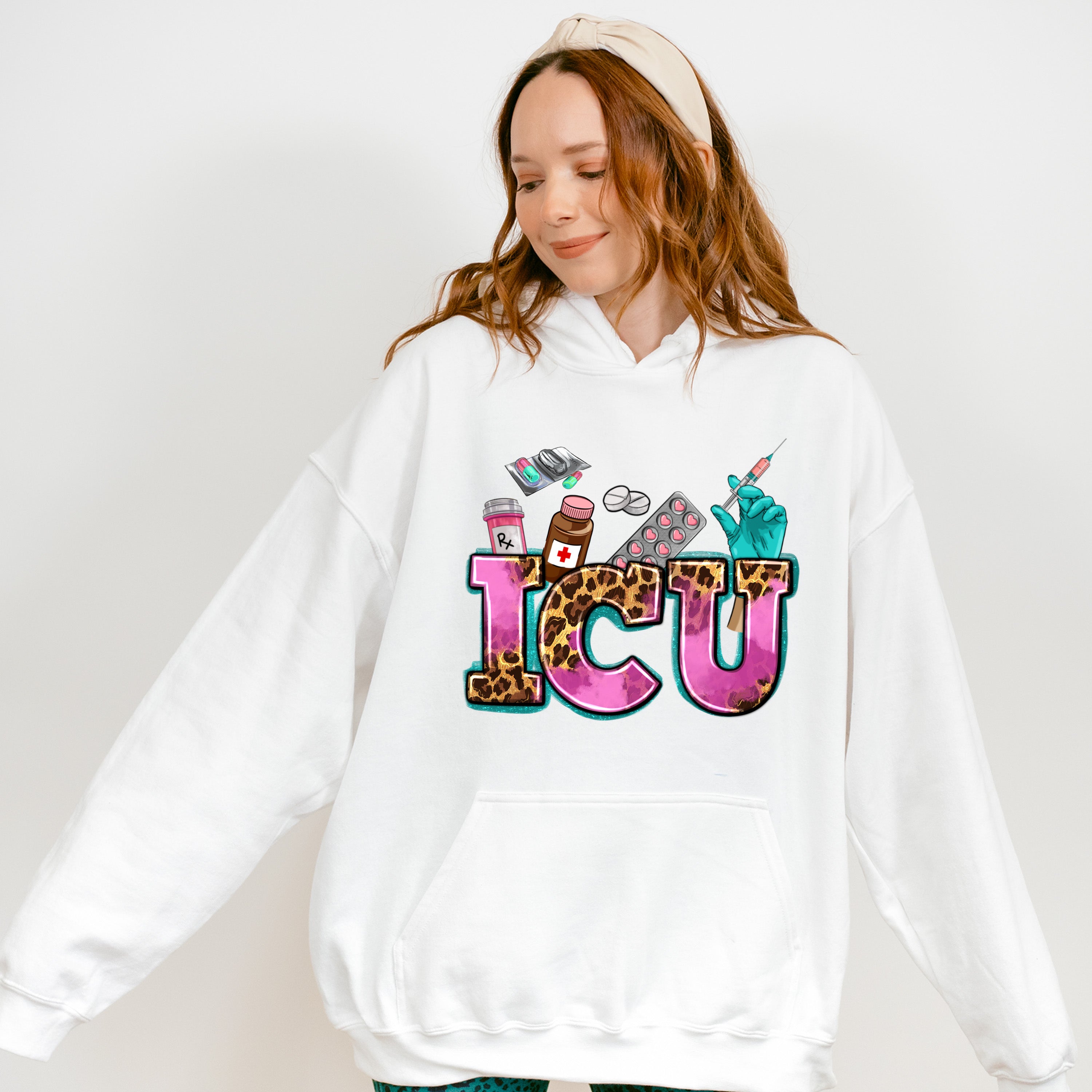 ICU Leopard Doodles Design - ICU Nurse Unisex Crewneck T-Shirt Sweatshirt Hoodie