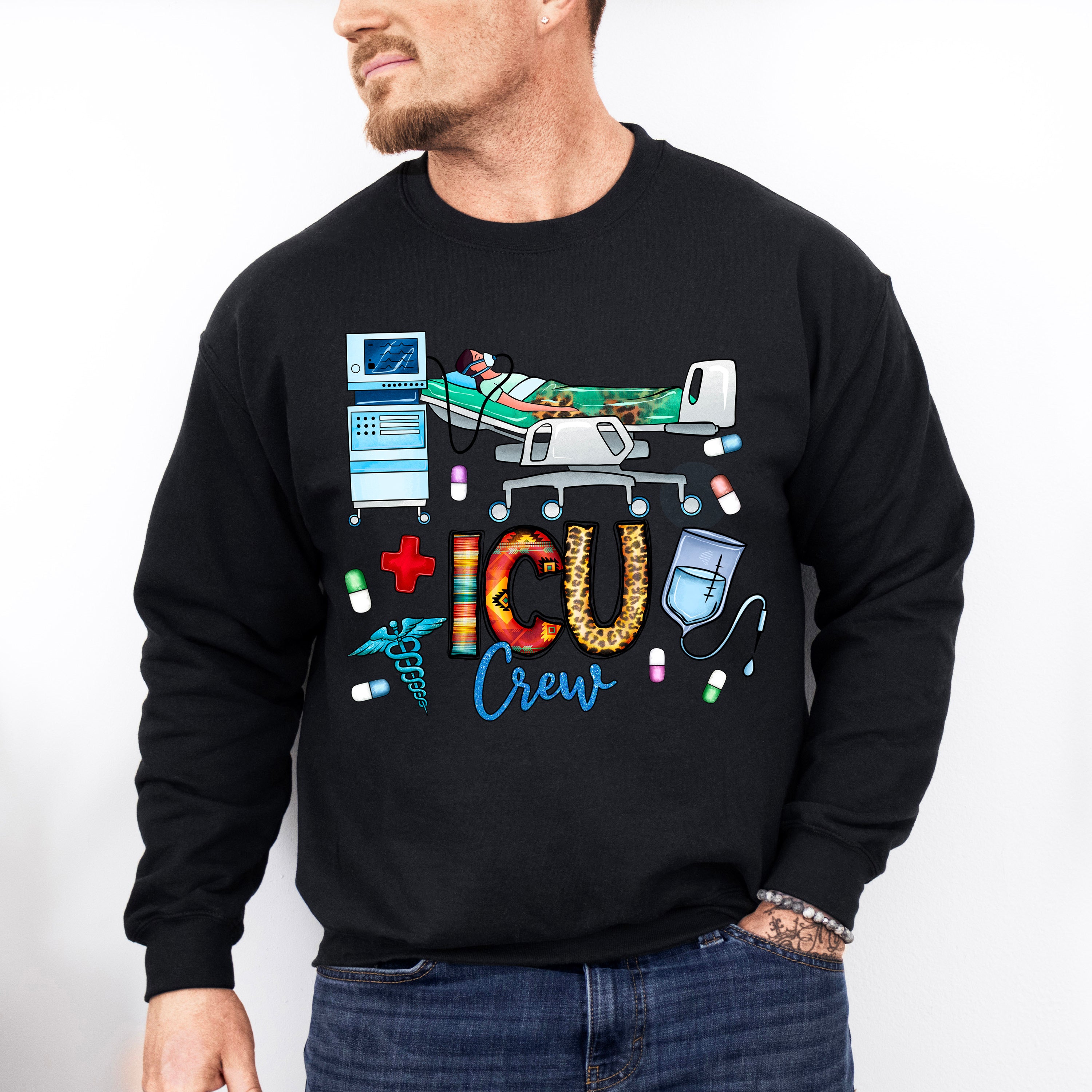 ICU Crew Doodles Design - ICU Nurse Unisex Crewneck T-Shirt Sweatshirt Hoodie