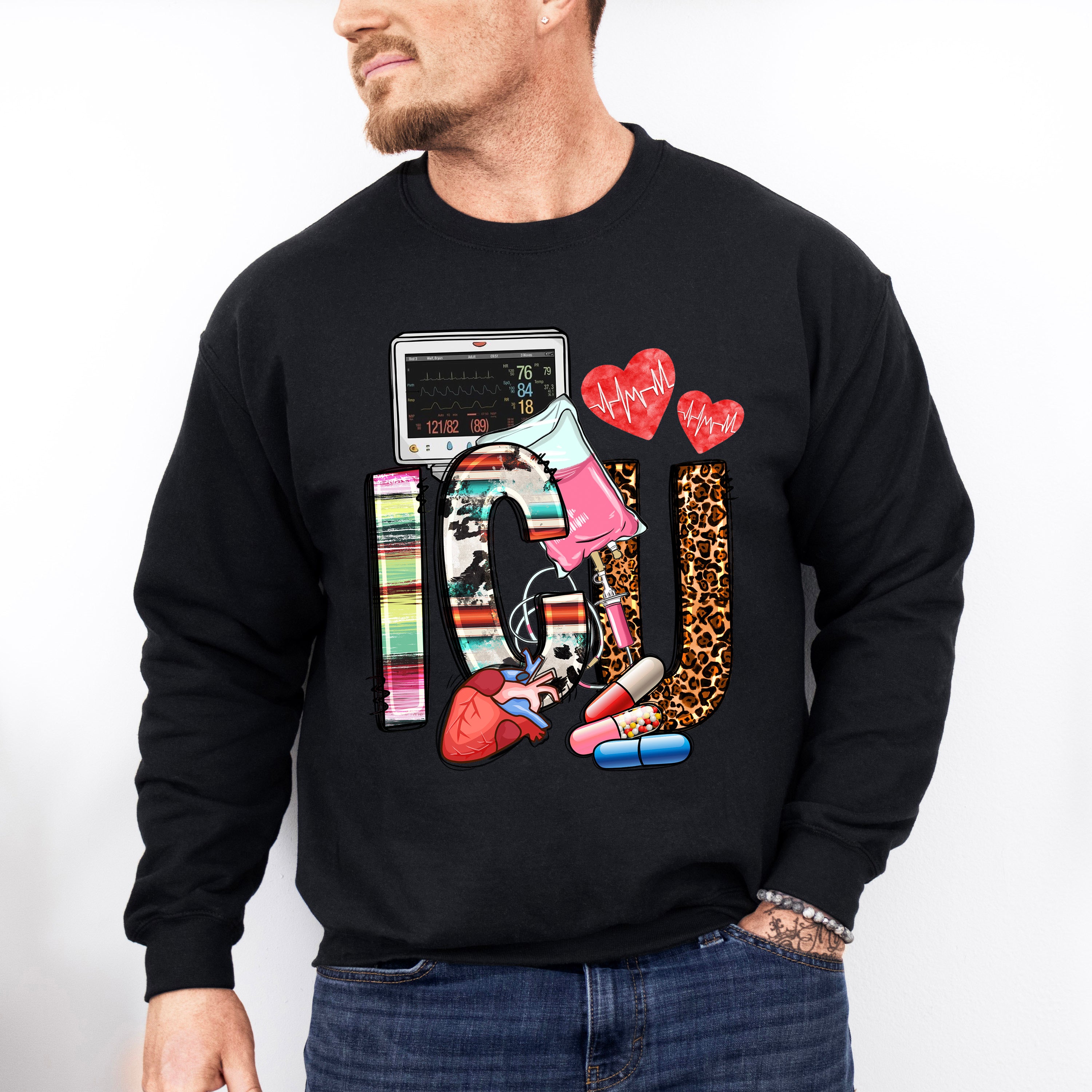 ICU Hearts Pills And Monitor Design - ICU Nurse Unisex Crewneck T-Shirt Sweatshirt Hoodie