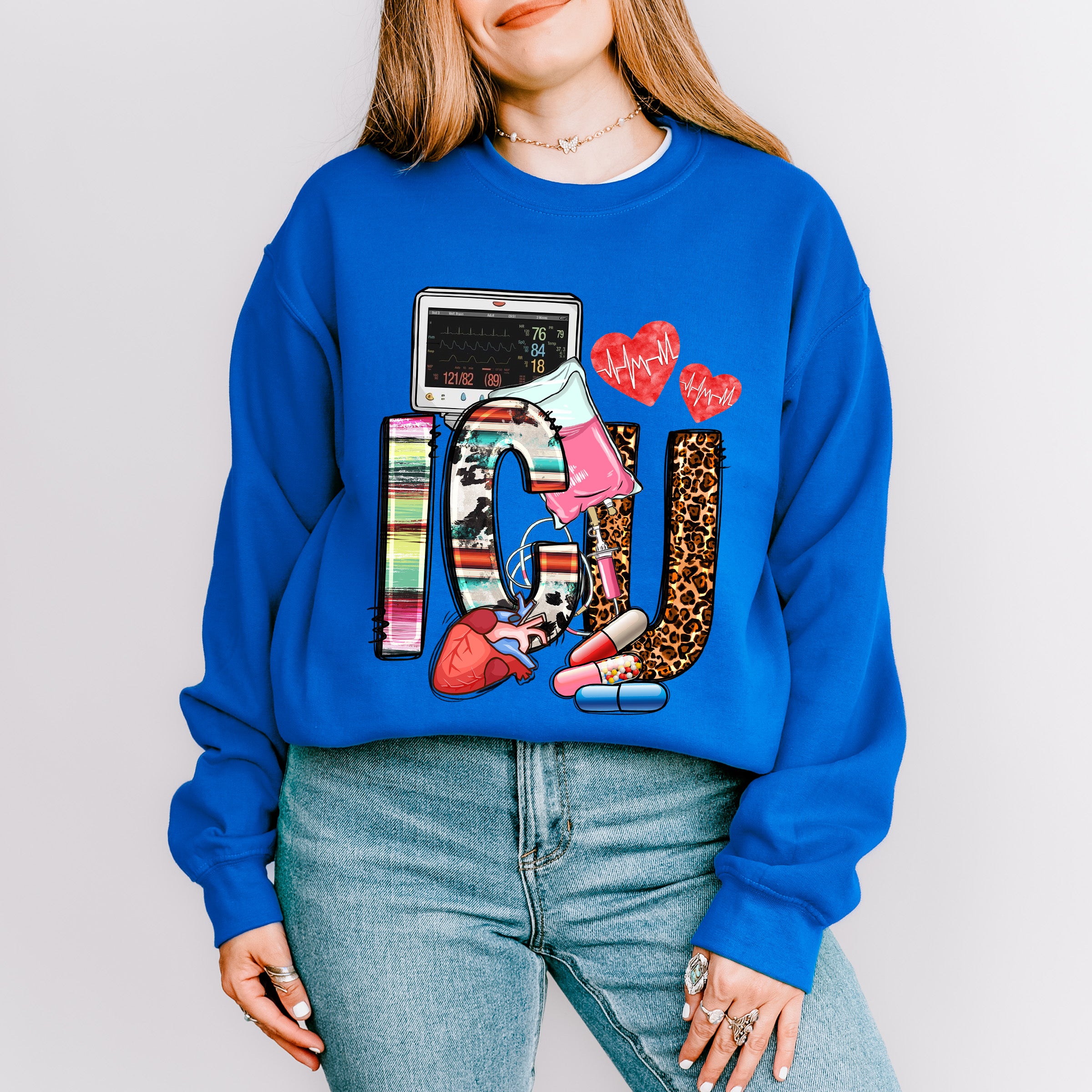 ICU Hearts Pills And Monitor Design - ICU Nurse Unisex Crewneck T-Shirt Sweatshirt Hoodie